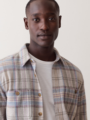 Marine Layer Pacifica Stretch Twill Overshirt Grey Plaid Long Sleeve Collared Button Down - Model Detail Zoom