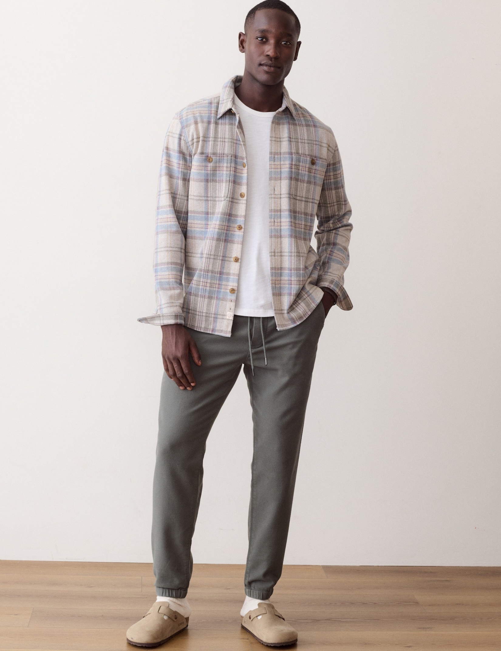 Marine Layer Pacifica Stretch Twill Overshirt Grey Plaid Long Sleeve Collared Button Down - Model Full Front