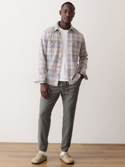 Marine Layer Pacifica Stretch Twill Overshirt Grey Plaid Long Sleeve Collared Button Down - Model Full Front