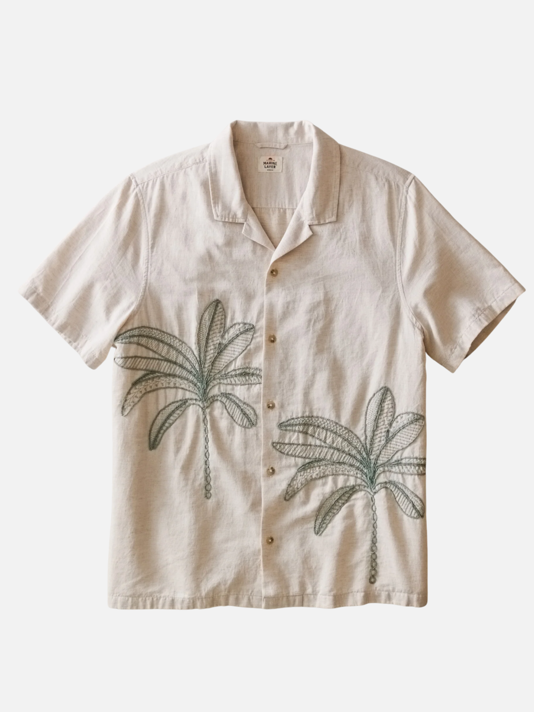 Marine Layer Palm Embroidered Resort Shirt Cream Green Embroidery Design Collared Button Up Men’s Top Spring Summer Shirt for Men Athens GA Georgia Kempt Menswear Store near Me