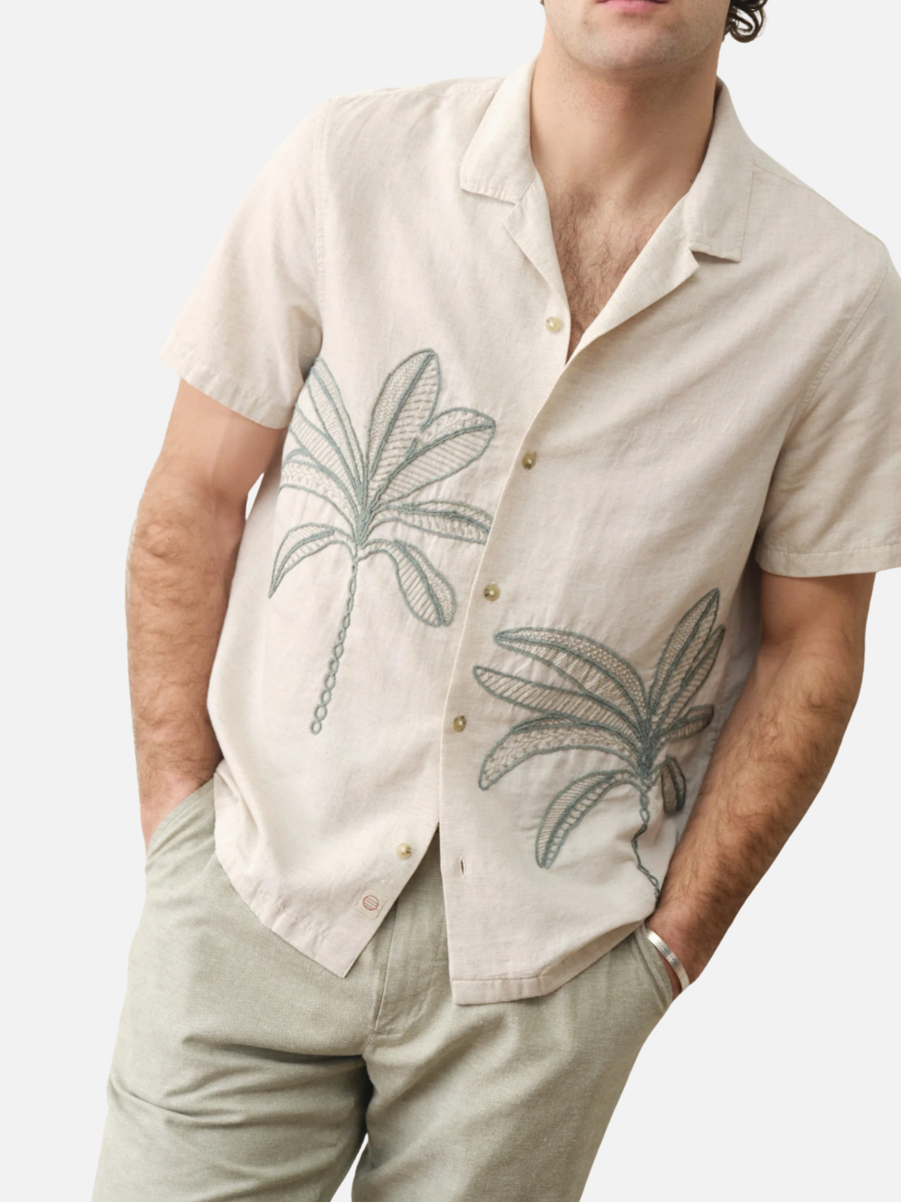 Marine Layer Palm Embroidered Resort Shirt Cream Green Embroidery Design Collared Button Up Men’s Top Spring Summer Shirt for Men Athens GA Georgia Kempt Menswear Store near Me