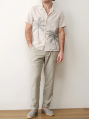 Marine Layer Palm Embroidered Resort Shirt Cream Green Embroidery Design Collared Button Up Men’s Top Spring Summer Shirt for Men Athens GA Georgia Kempt Menswear Store near Me