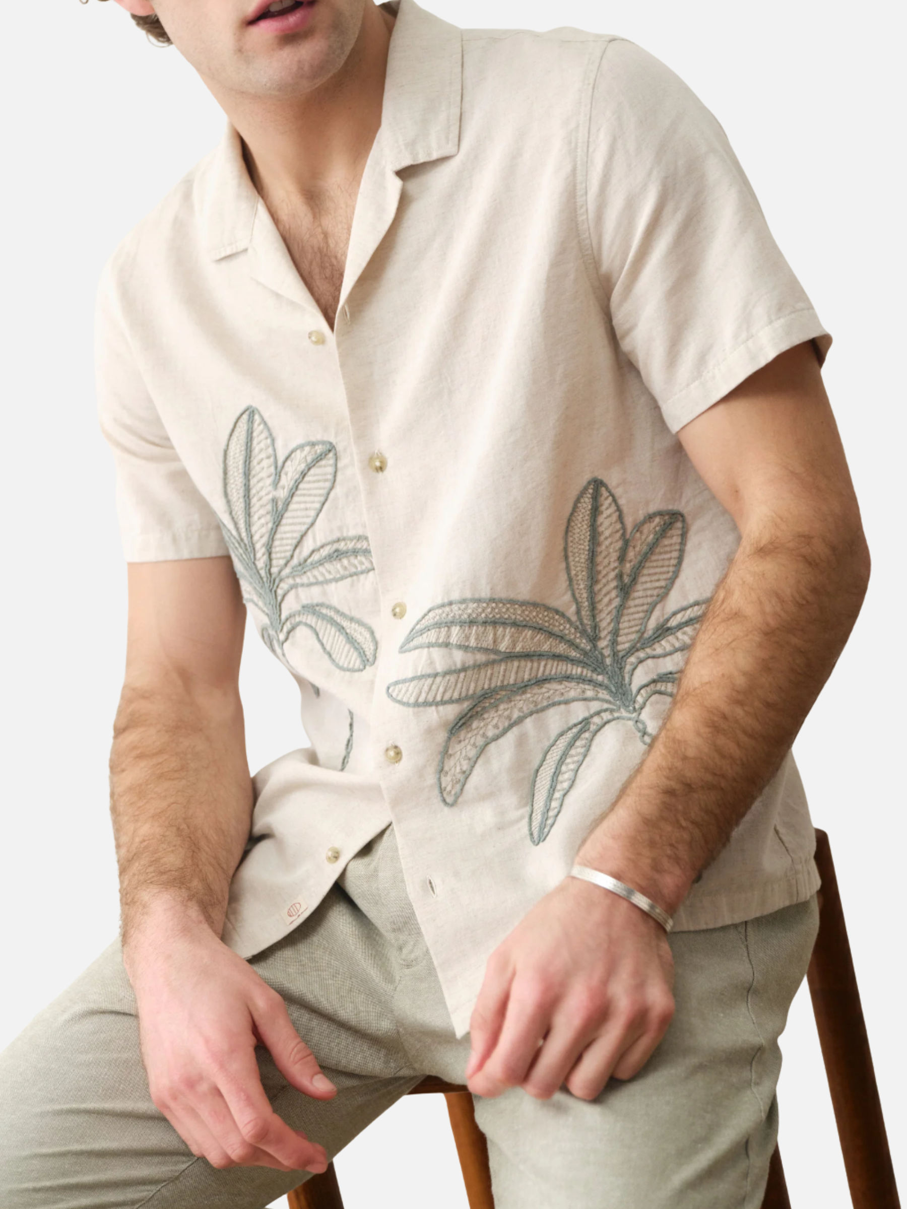 Marine Layer Palm Embroidered Resort Shirt Cream Green Embroidery Design Collared Button Up Men’s Top Spring Summer Shirt for Men Athens GA Georgia Kempt Menswear Store near Me