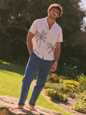 Marine Layer Palm Embroidered Resort Shirt Cream Green Embroidery Design Collared Button Up Men’s Top Spring Summer Shirt for Men Athens GA Georgia Kempt Menswear Store near Me