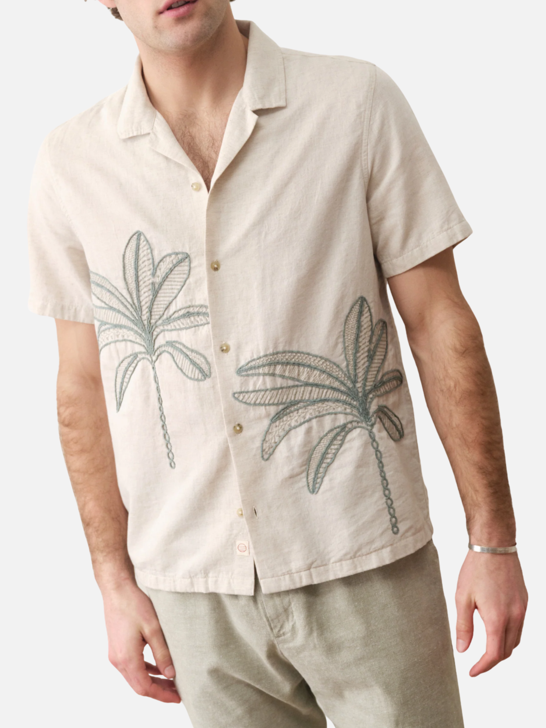 Marine Layer Palm Embroidered Resort Shirt Cream Green Embroidery Design Collared Button Up Men’s Top Spring Summer Shirt for Men Athens GA Georgia Kempt Menswear Store near Me