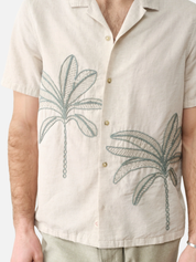 Marine Layer Palm Embroidered Resort Shirt Cream Green Embroidery Design Collared Button Up Men’s Top Spring Summer Shirt for Men Athens GA Georgia Kempt Menswear Store near Me