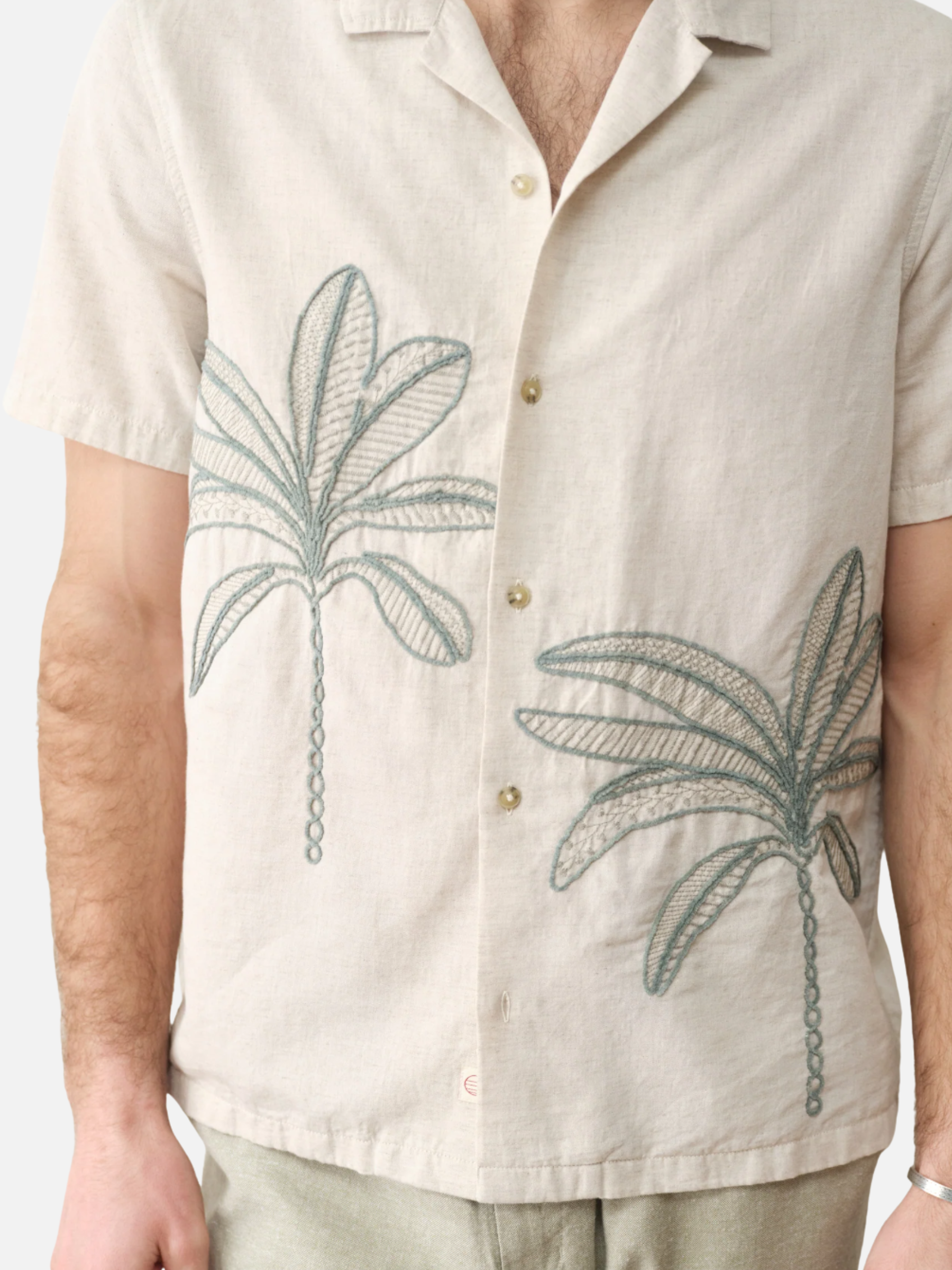 Marine Layer Palm Embroidered Resort Shirt Cream Green Embroidery Design Collared Button Up Men’s Top Spring Summer Shirt for Men Athens GA Georgia Kempt Menswear Store near Me