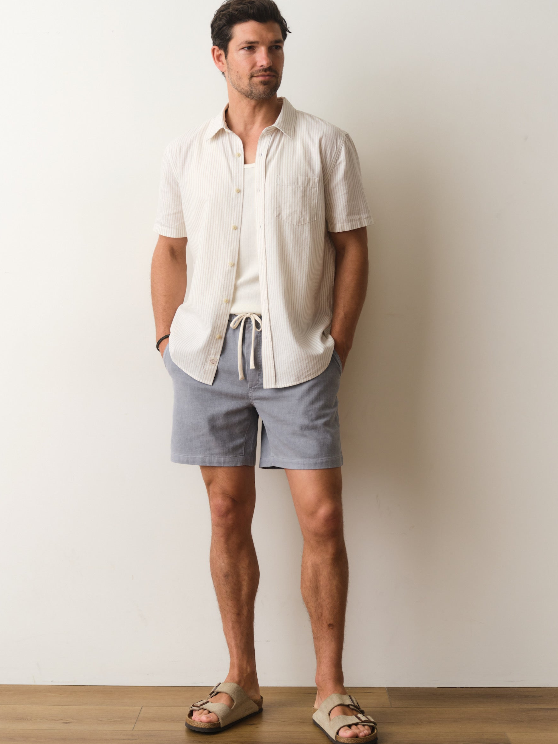 Marine Layer Saturday Beach Short Mid Grey Gray Elastic Waistband Drawstring Shorts for Men Men’s Bottoms Summer Vacation Lightweight Linen Athens GA Georgia Kempt Menswear Store Near Me