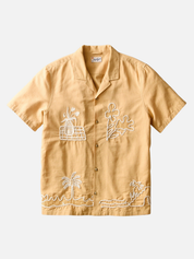 Marine Layer Sol Embroidered Resort Shirt SS Short Sleeve Top Mustard Yellow Collared Button Up Embroidered Design Embroidery Casual Top for Guys Men’s Shirts for Summer Vacation Outfits for Men Athens GA Georgia Kempt Menswear Store Near Me