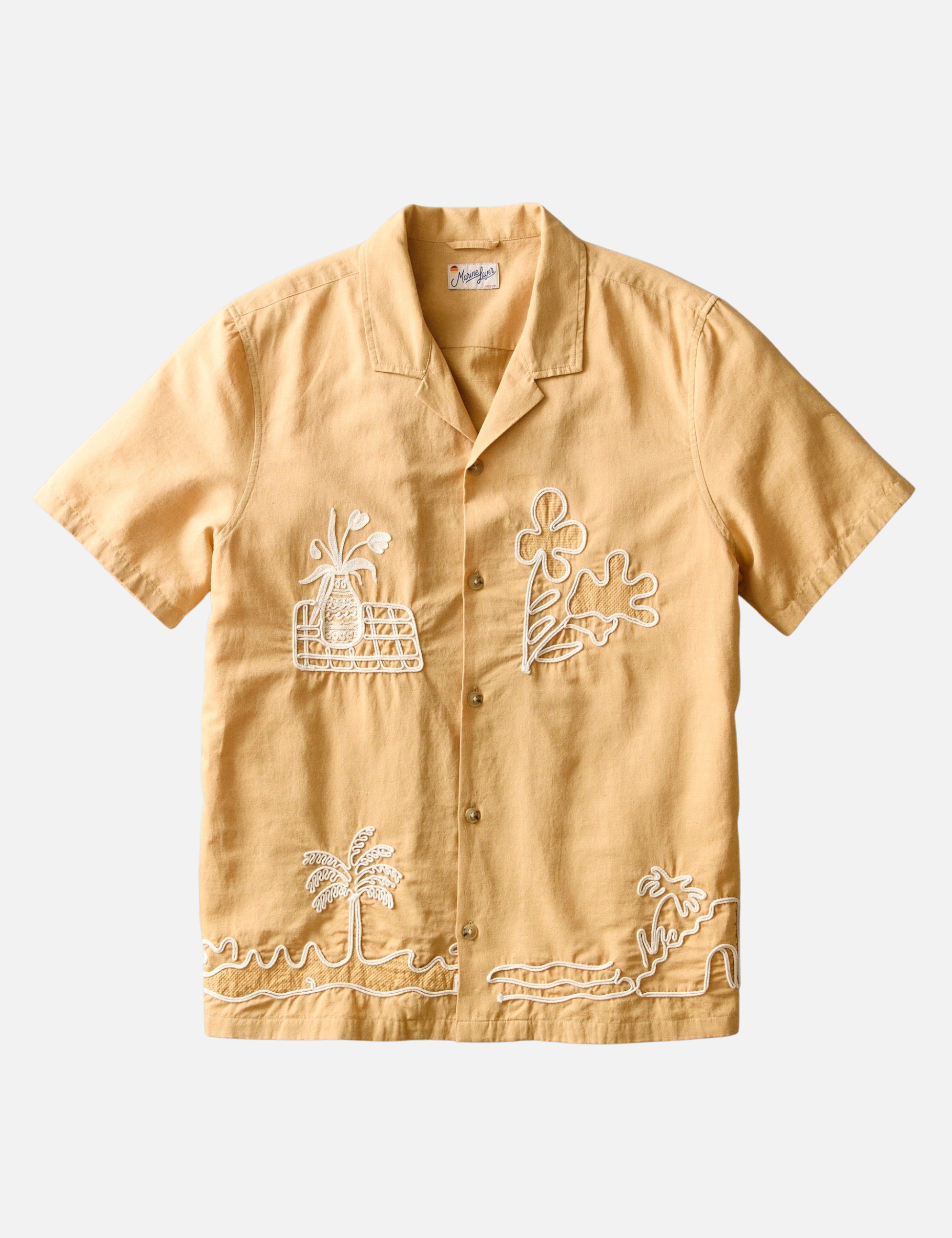 Marine Layer Sol Embroidered Resort Shirt SS Short Sleeve Top Mustard Yellow Collared Button Up Embroidered Design Embroidery Casual Top for Guys Men’s Shirts for Summer Vacation Outfits for Men Athens GA Georgia Kempt Menswear Store Near Me