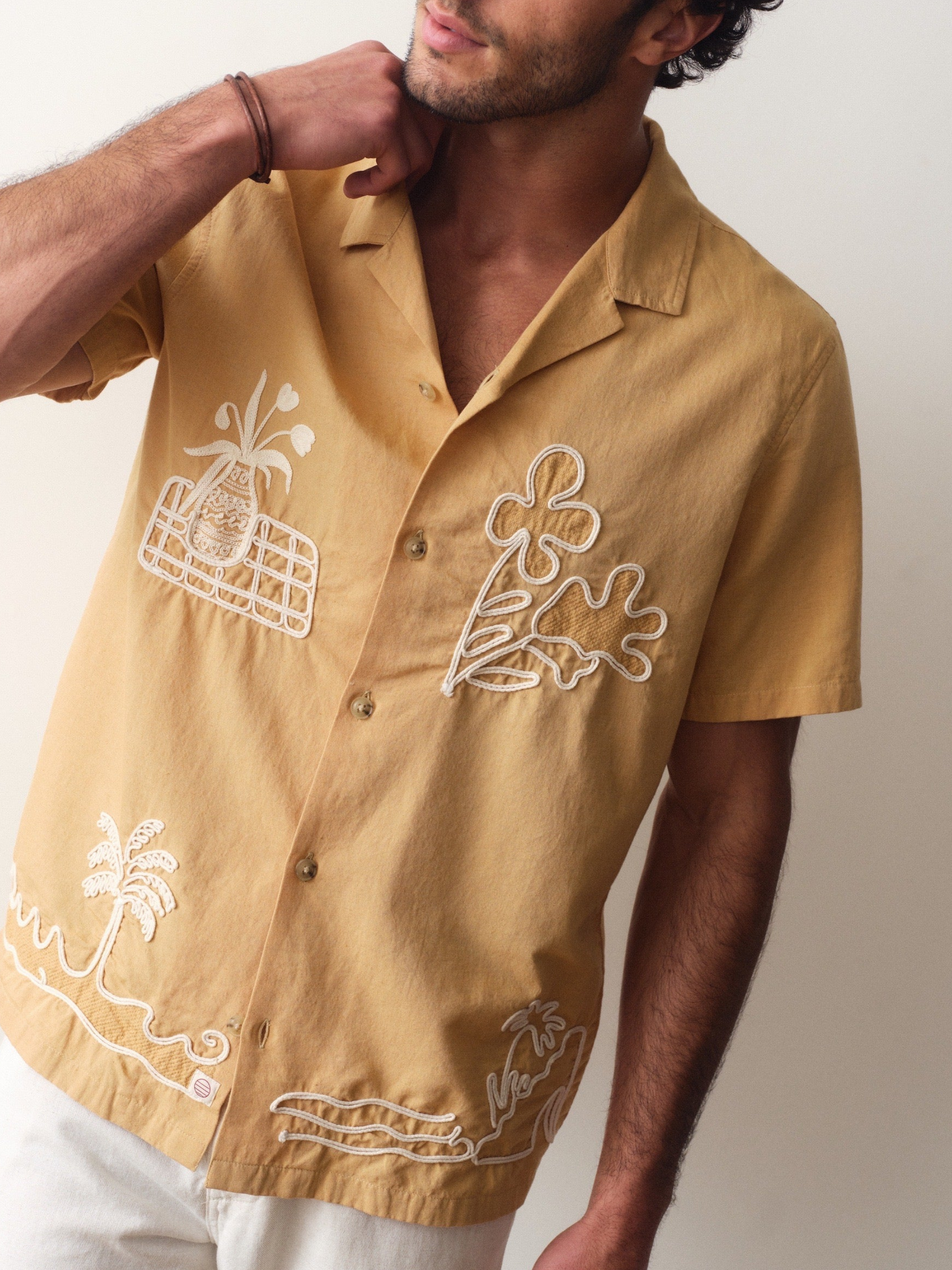 Marine Layer Sol Embroidered Resort Shirt SS Short Sleeve Top Mustard Yellow Collared Button Up Embroidered Design Embroidery Casual Top for Guys Men’s Shirts for Summer Vacation Outfits for Men Athens GA Georgia Kempt Menswear Store Near Me