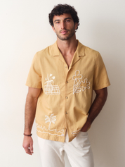 Marine Layer Sol Embroidered Resort Shirt SS Short Sleeve Top Mustard Yellow Collared Button Up Embroidered Design Embroidery Casual Top for Guys Men’s Shirts for Summer Vacation Outfits for Men Athens GA Georgia Kempt Menswear Store Near Me