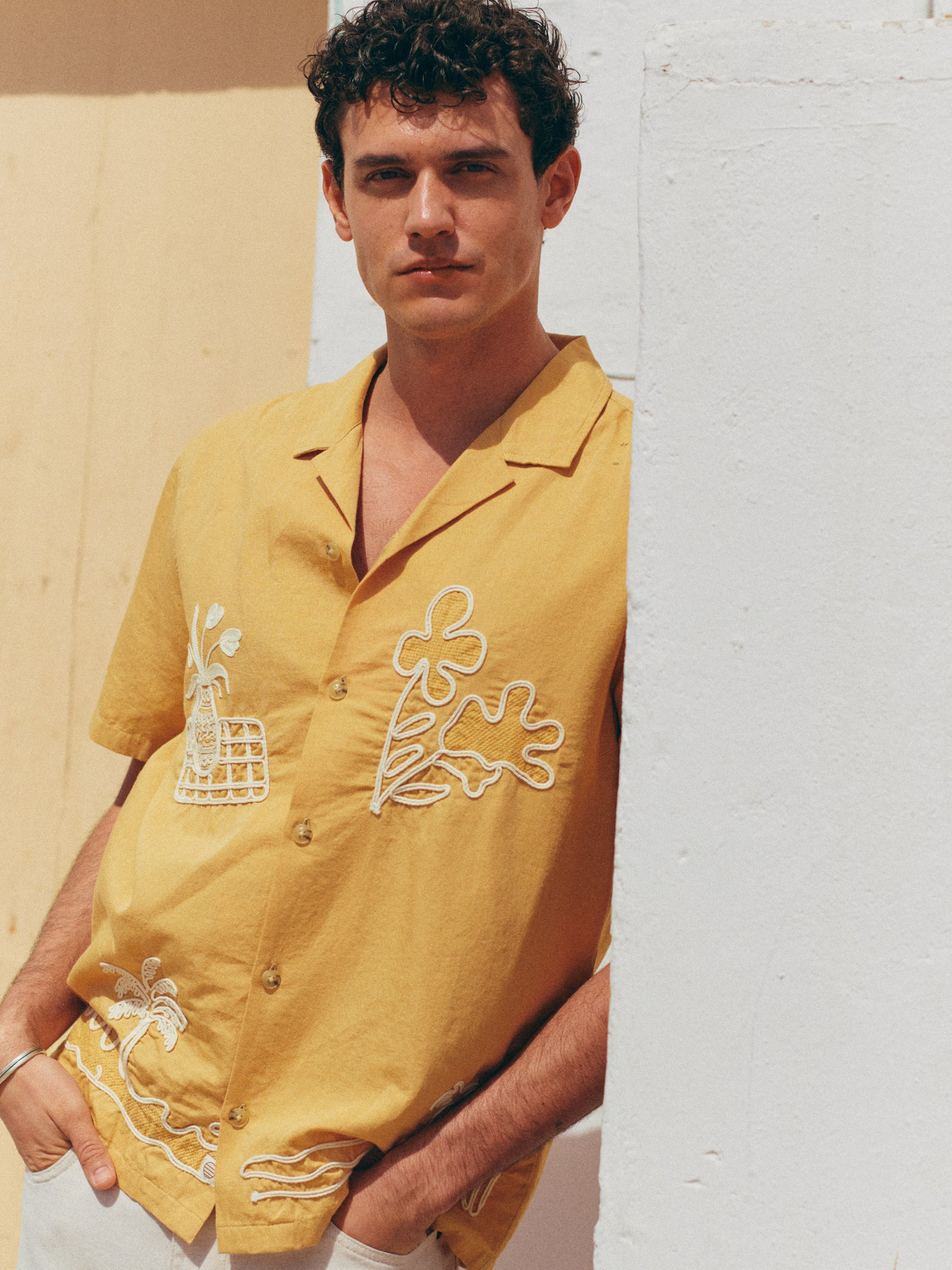 Marine Layer Sol Embroidered Resort Shirt SS Short Sleeve Top Mustard Yellow Collared Button Up Embroidered Design Embroidery Casual Top for Guys Men’s Shirts for Summer Vacation Outfits for Men Athens GA Georgia Kempt Menswear Store Near Me