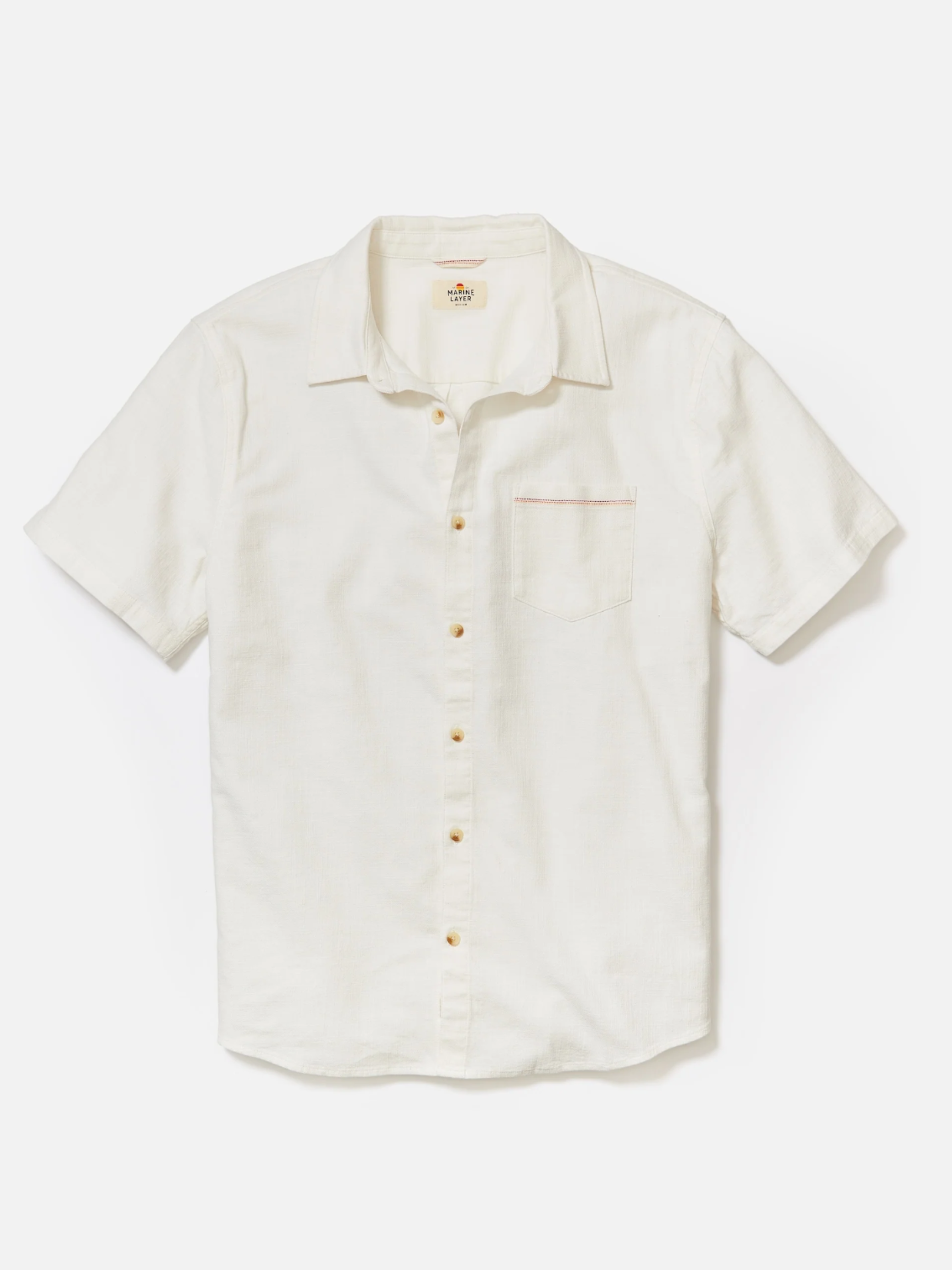 Marine Layer Stretch Selvage Shirt Natural Cream Front Pocket short Sleeve Collared Button Up Shirt for Men Men’s Summer Tops for Vacation Athens GA Georgia Kempt Menswear Store Near me