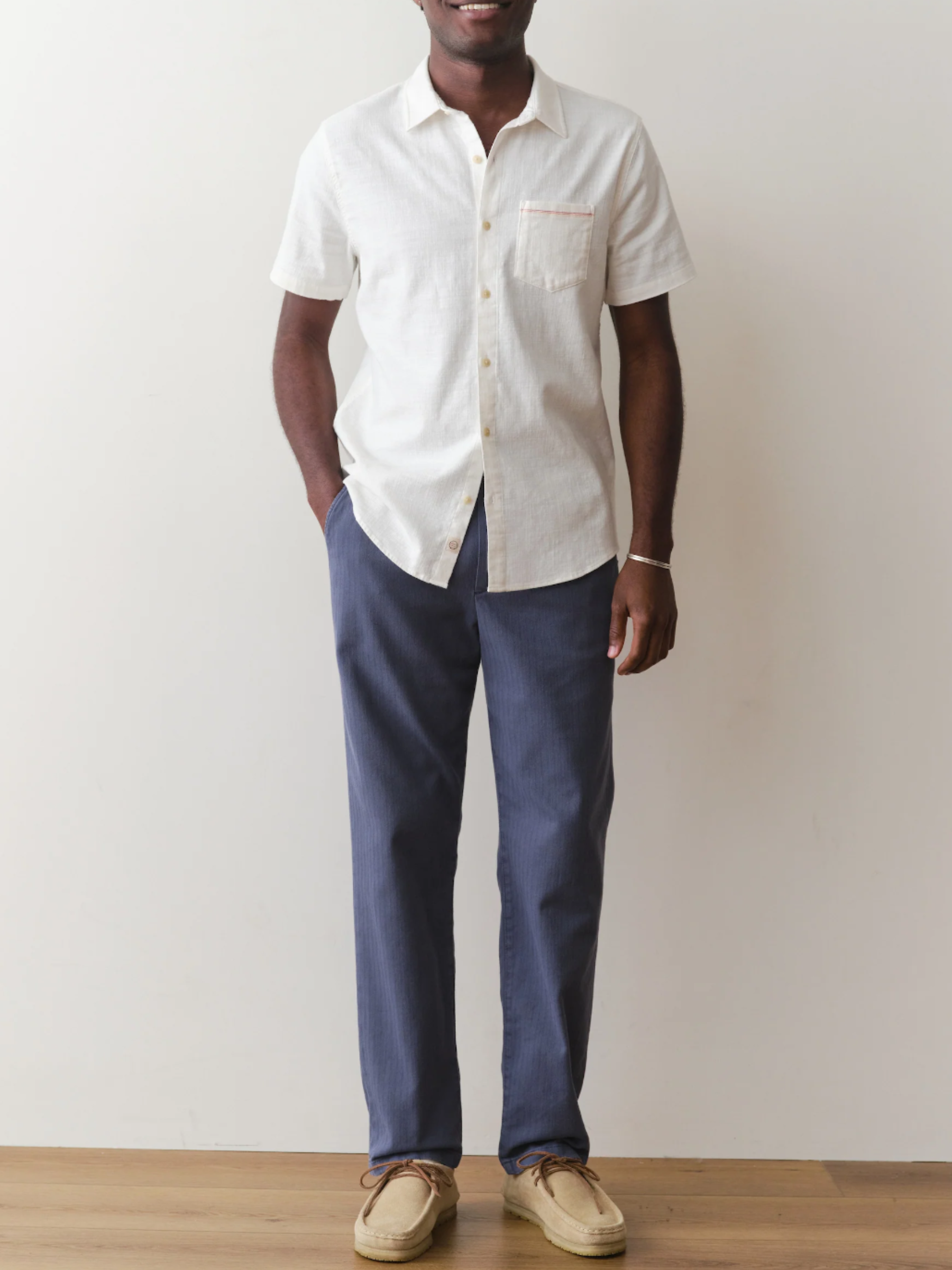 Marine Layer Stretch Selvage Shirt Natural Cream Front Pocket short Sleeve Collared Button Up Shirt for Men Men’s Summer Tops for Vacation Athens GA Georgia Kempt Menswear Store Near me