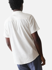 Marine Layer Stretch Selvage Shirt Natural Cream Front Pocket short Sleeve Collared Button Up Shirt for Men Men’s Summer Tops for Vacation Athens GA Georgia Kempt Menswear Store Near me