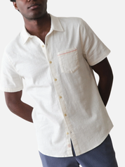 Marine Layer Stretch Selvage Shirt Natural Cream Front Pocket short Sleeve Collared Button Up Shirt for Men Men’s Summer Tops for Vacation Athens GA Georgia Kempt Menswear Store Near me
