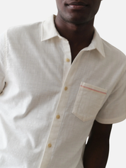 Marine Layer Stretch Selvage Shirt Natural Cream Front Pocket short Sleeve Collared Button Up Shirt for Men Men’s Summer Tops for Vacation Athens GA Georgia Kempt Menswear Store Near me
