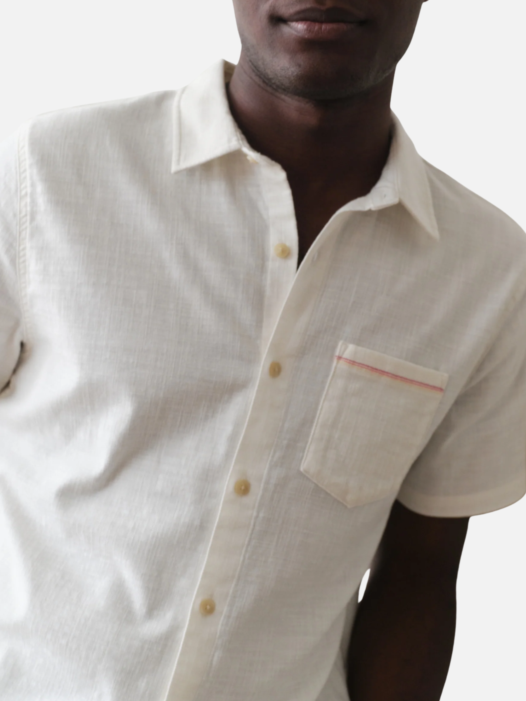 Marine Layer Stretch Selvage Shirt Natural Cream Front Pocket short Sleeve Collared Button Up Shirt for Men Men’s Summer Tops for Vacation Athens GA Georgia Kempt Menswear Store Near me