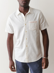 Marine Layer Stretch Selvage Shirt Natural Cream Front Pocket short Sleeve Collared Button Up Shirt for Men Men’s Summer Tops for Vacation Athens GA Georgia Kempt Menswear Store Near me