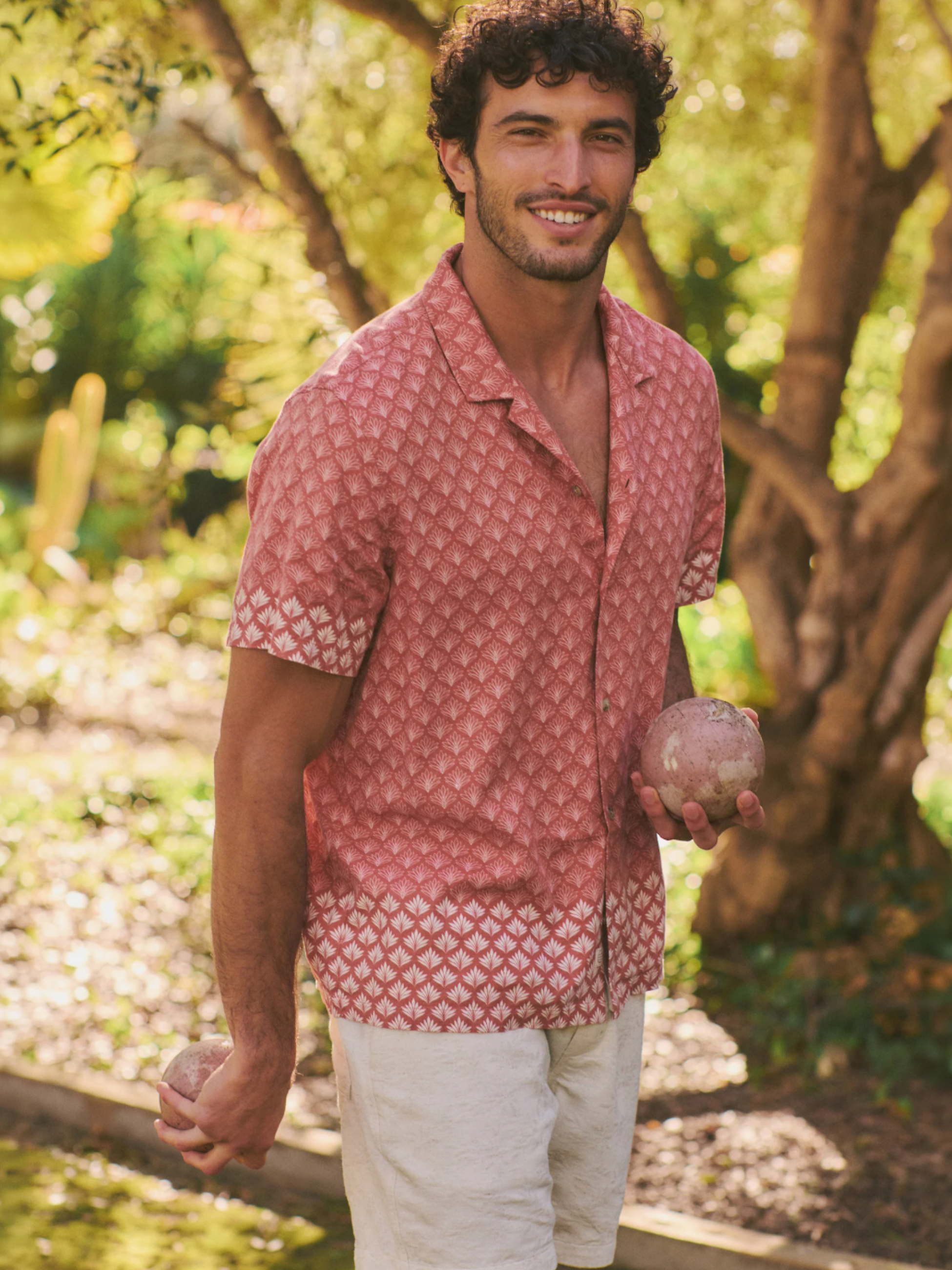 Marine Layer Stu Linen Resort Shirt Withered Rose Agave Print Pink Salmon Collared Short Sleeve Button Down Men’s Spring Summer Tops for Men Vacation Outfits for Guys Athens GA Georgia Kempt Menswear Store Near Me