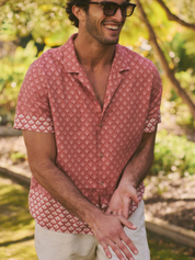 Marine Layer Stu Linen Resort Shirt Withered Rose Agave Print Pink Salmon Collared Short Sleeve Button Down Men’s Spring Summer Tops for Men Vacation Outfits for Guys Athens GA Georgia Kempt Menswear Store Near Me