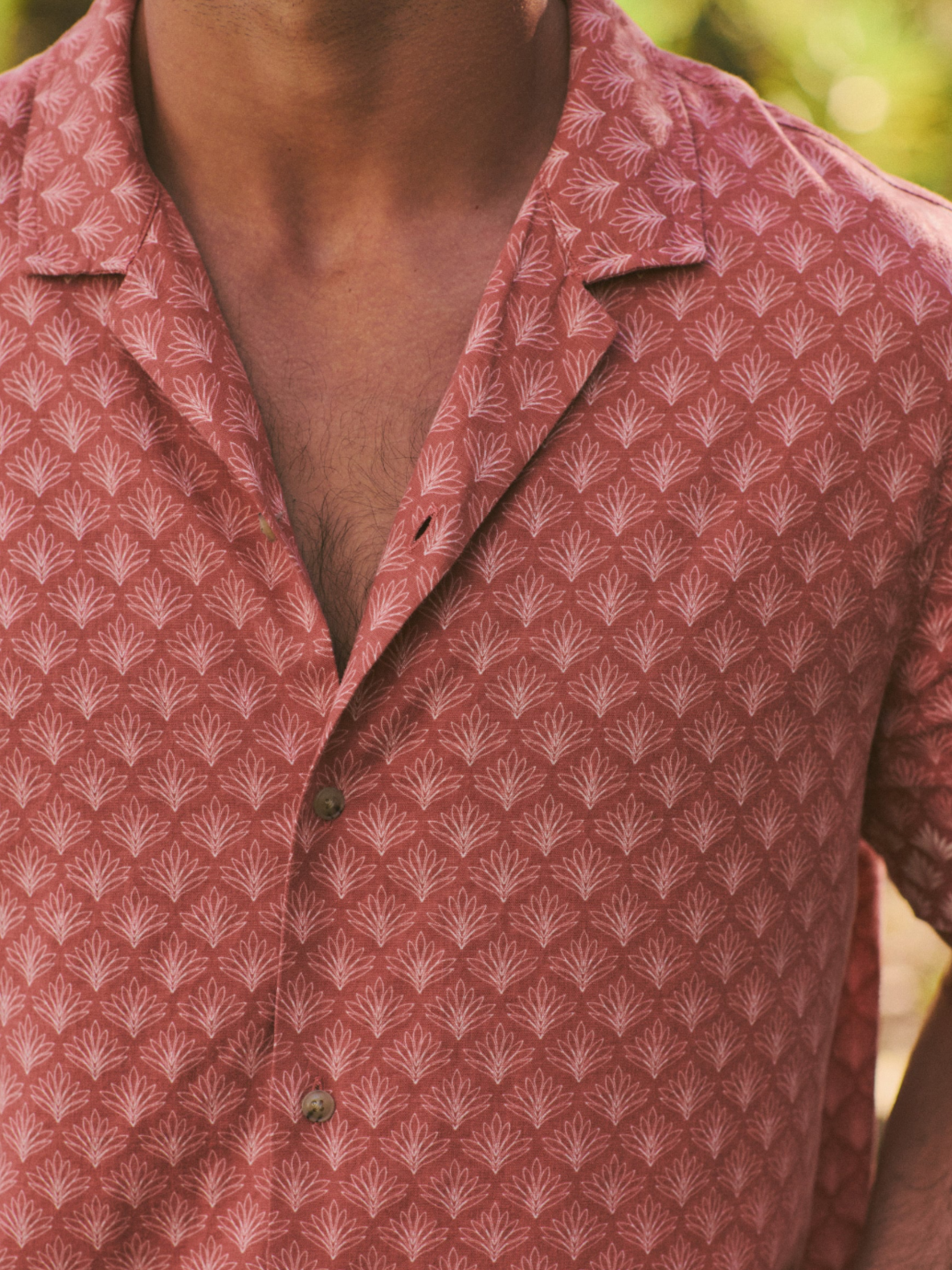 Marine Layer Stu Linen Resort Shirt Withered Rose Agave Print Pink Salmon Collared Short Sleeve Button Down Men’s Spring Summer Tops for Men Vacation Outfits for Guys Athens GA Georgia Kempt Menswear Store Near Me