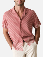 Marine Layer Stu Linen Resort Shirt Withered Rose Agave Print Pink Salmon Collared Short Sleeve Button Down Men’s Spring Summer Tops for Men Vacation Outfits for Guys Athens GA Georgia Kempt Menswear Store Near Me