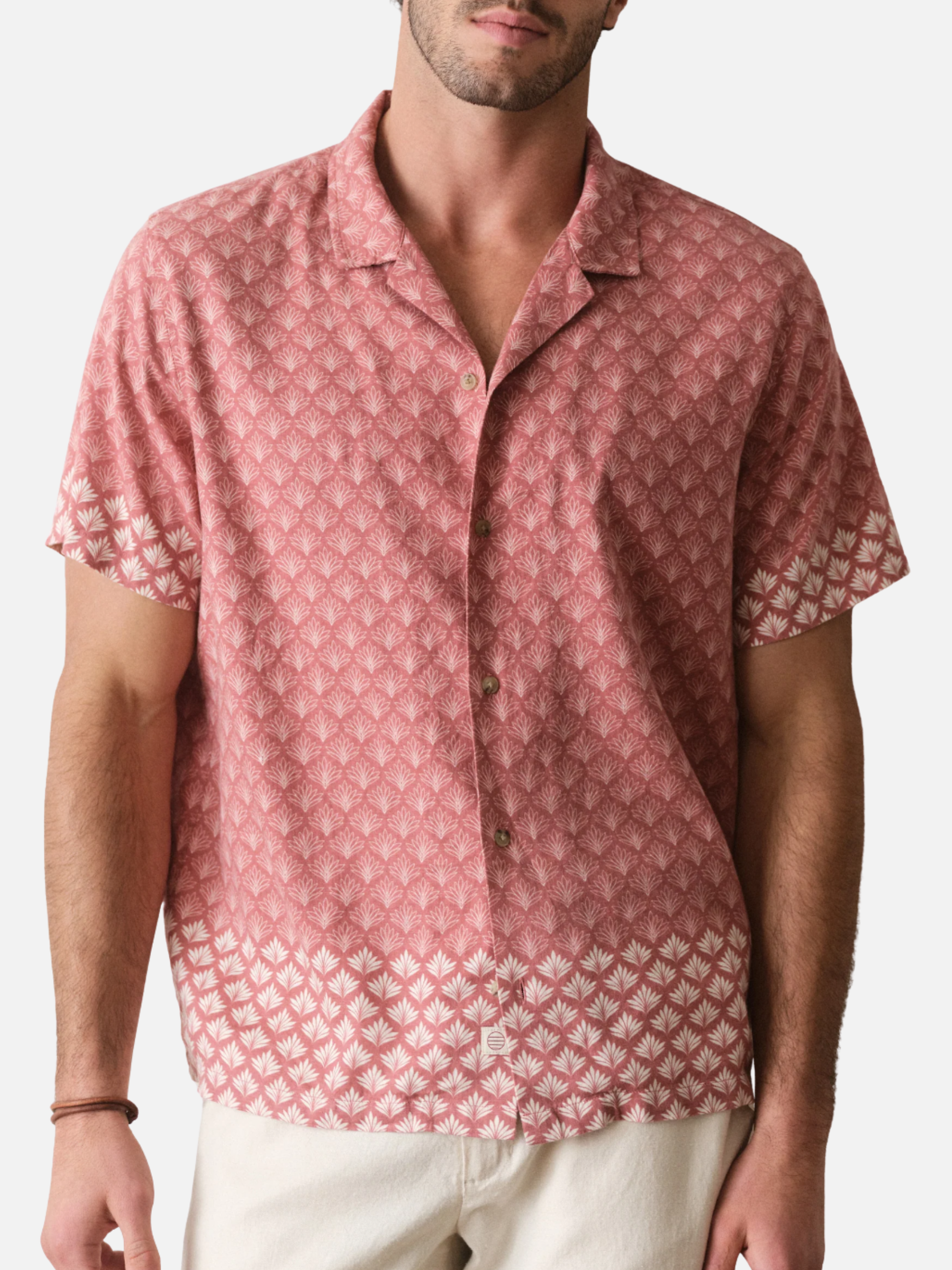 Marine Layer Stu Linen Resort Shirt Withered Rose Agave Print Pink Salmon Collared Short Sleeve Button Down Men’s Spring Summer Tops for Men Vacation Outfits for Guys Athens GA Georgia Kempt Menswear Store Near Me