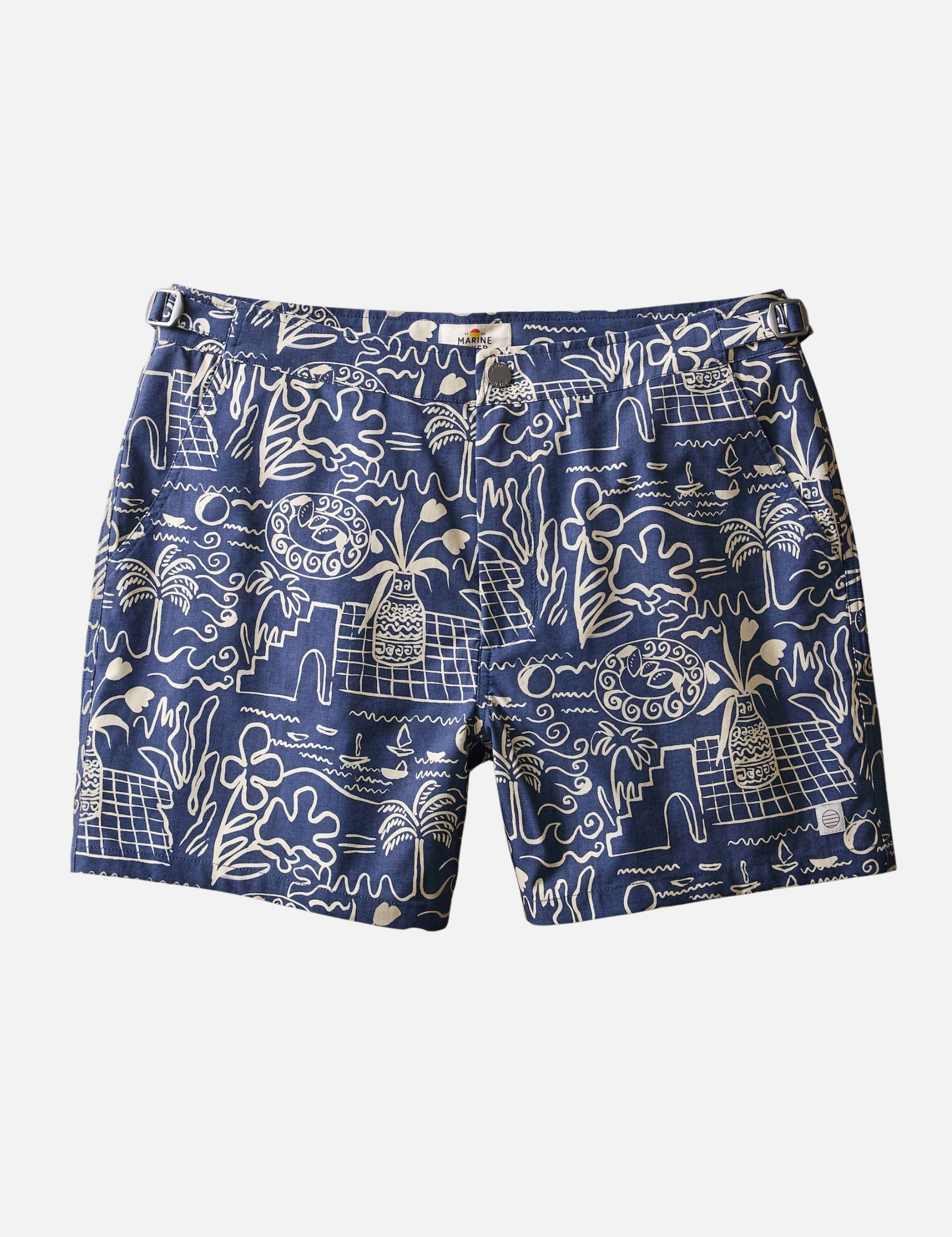 Marine Layer Tailored Swim Trunk 5 Inch Inseam Navy Blue White Island Motif Print Swimshorts Men’s Swim Swimwear Bathing Suit for Guys Men’s Bottoms for Summer Vacation Outfits for Men Athens GA Georgia Kempt Menswear Store Near Me