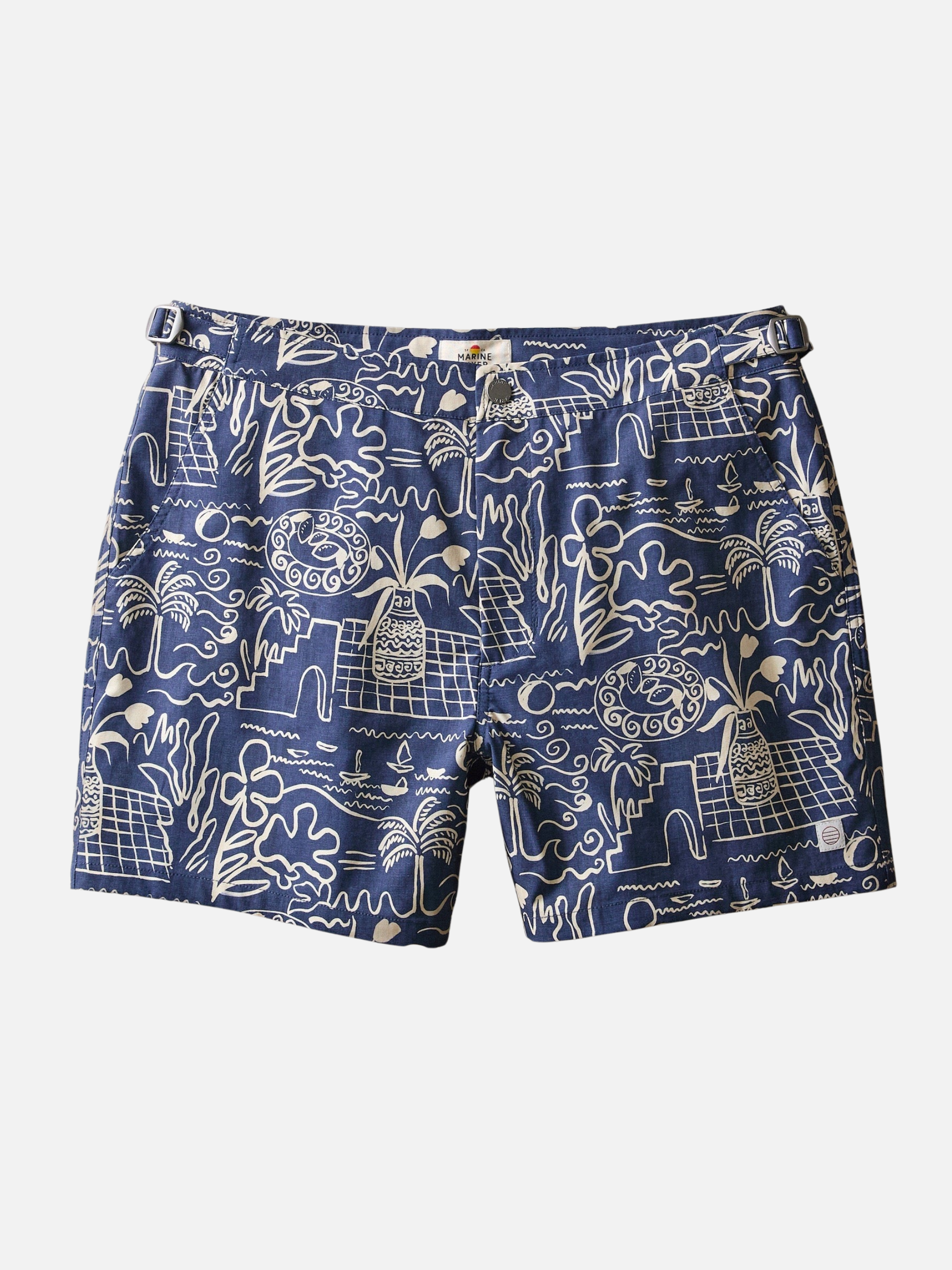 Marine Layer Tailored Swim Trunk 5 Inch Inseam Navy Blue White Island Motif Print Swimshorts Men’s Swim Swimwear Bathing Suit for Guys Men’s Bottoms for Summer Vacation Outfits for Men Athens GA Georgia Kempt Menswear Store Near Me