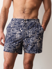 Marine Layer Tailored Swim Trunk 5 Inch Inseam Navy Blue White Island Motif Print Swimshorts Men’s Swim Swimwear Bathing Suit for Guys Men’s Bottoms for Summer Vacation Outfits for Men Athens GA Georgia Kempt Menswear Store Near Me