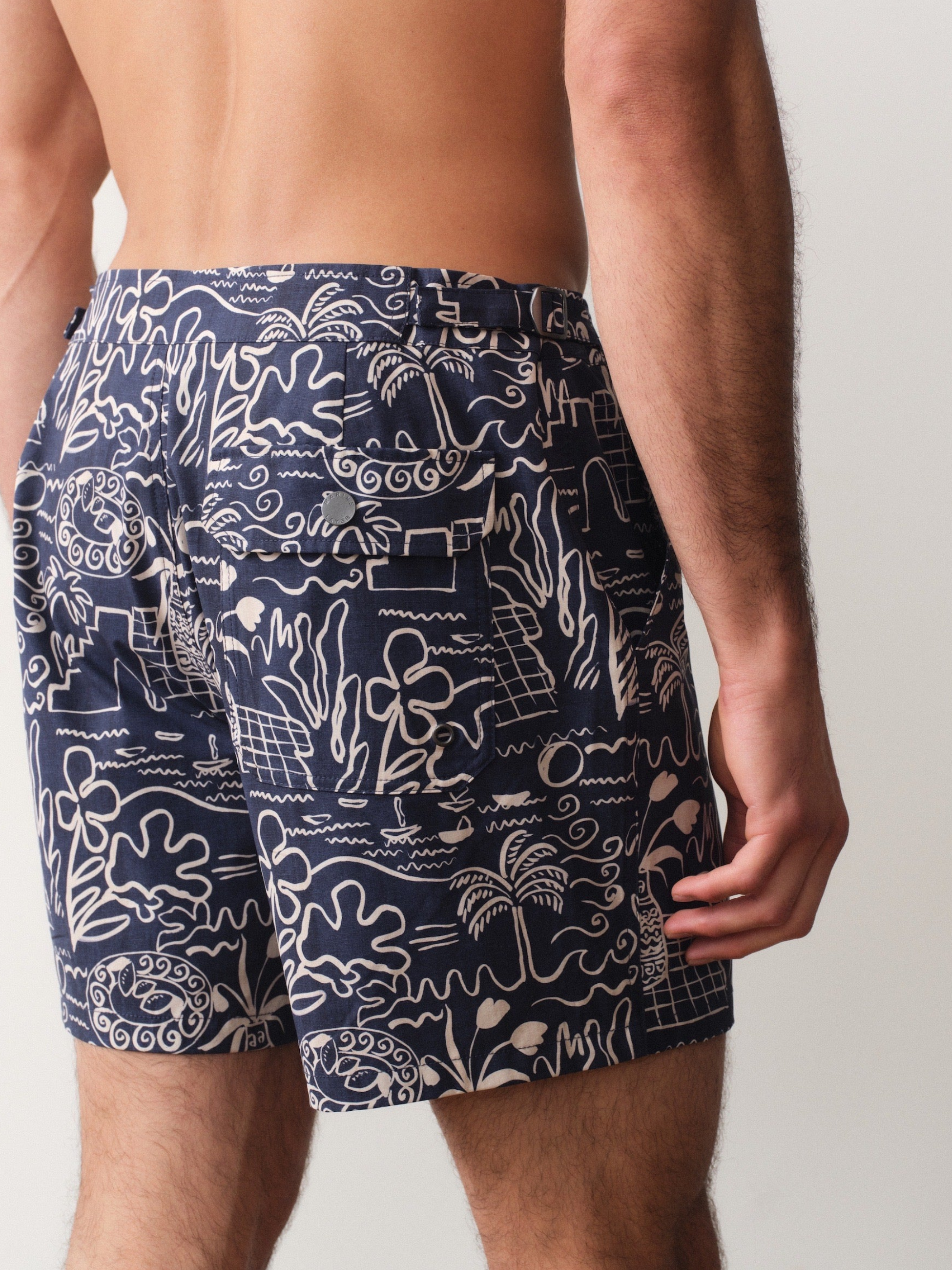 Marine Layer Tailored Swim Trunk 5 Inch Inseam Navy Blue White Island Motif Print Swimshorts Men’s Swim Swimwear Bathing Suit for Guys Men’s Bottoms for Summer Vacation Outfits for Men Athens GA Georgia Kempt Menswear Store Near Me