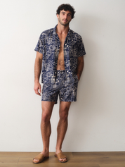 Marine Layer Tailored Swim Trunk 5 Inch Inseam Navy Blue White Island Motif Print Swimshorts Men’s Swim Swimwear Bathing Suit for Guys Men’s Bottoms for Summer Vacation Outfits for Men Athens GA Georgia Kempt Menswear Store Near Me