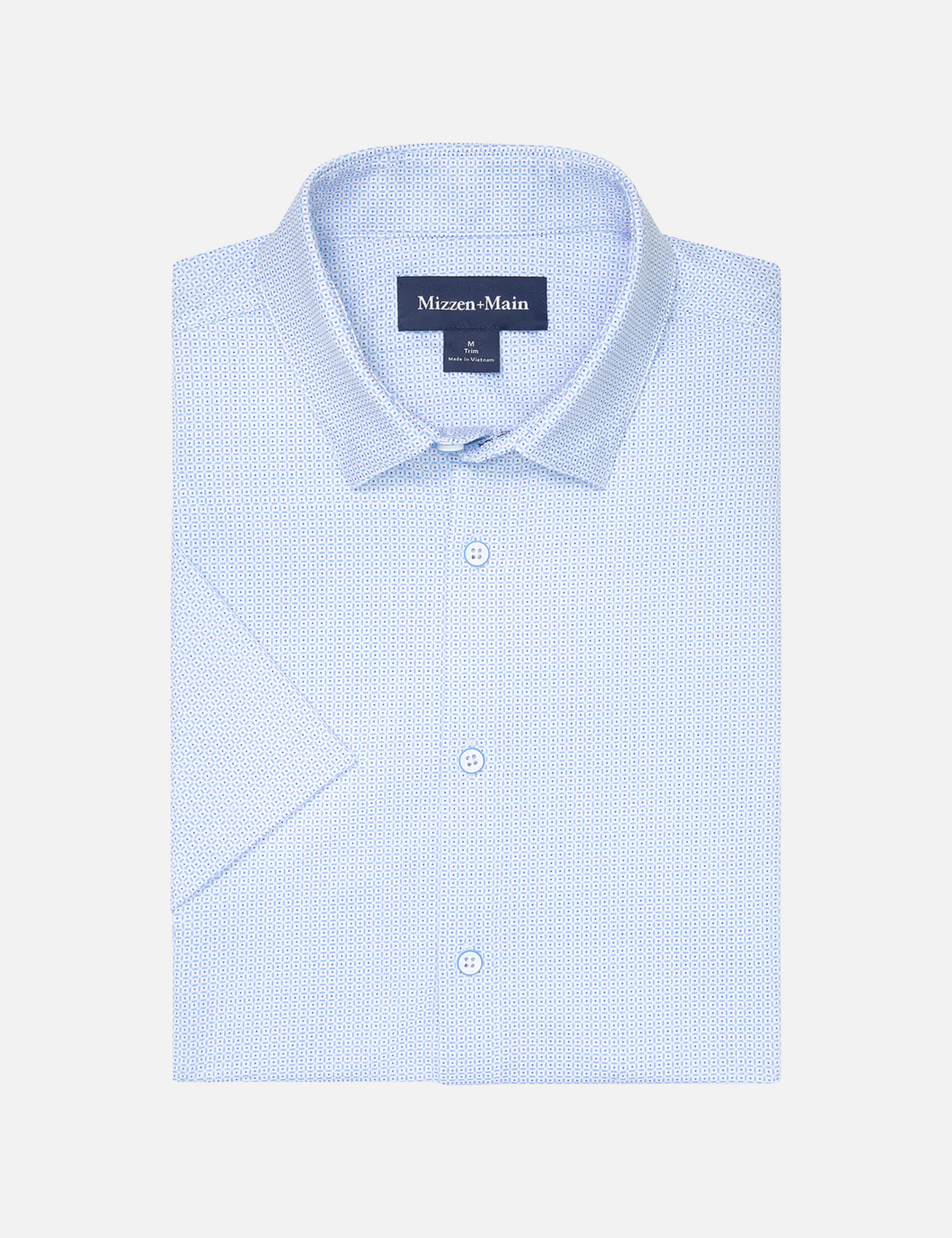 Mizzen + Main Halyard SS Short Sleeve Dress Shirt Collared Button Up Men’s Top for Men Work Semi-Formal Attire White Grid Dot Blue Pattern Athens GA Georgia Kempt Menswear Store Near Me Wrinkle Free Lightweight Fabric