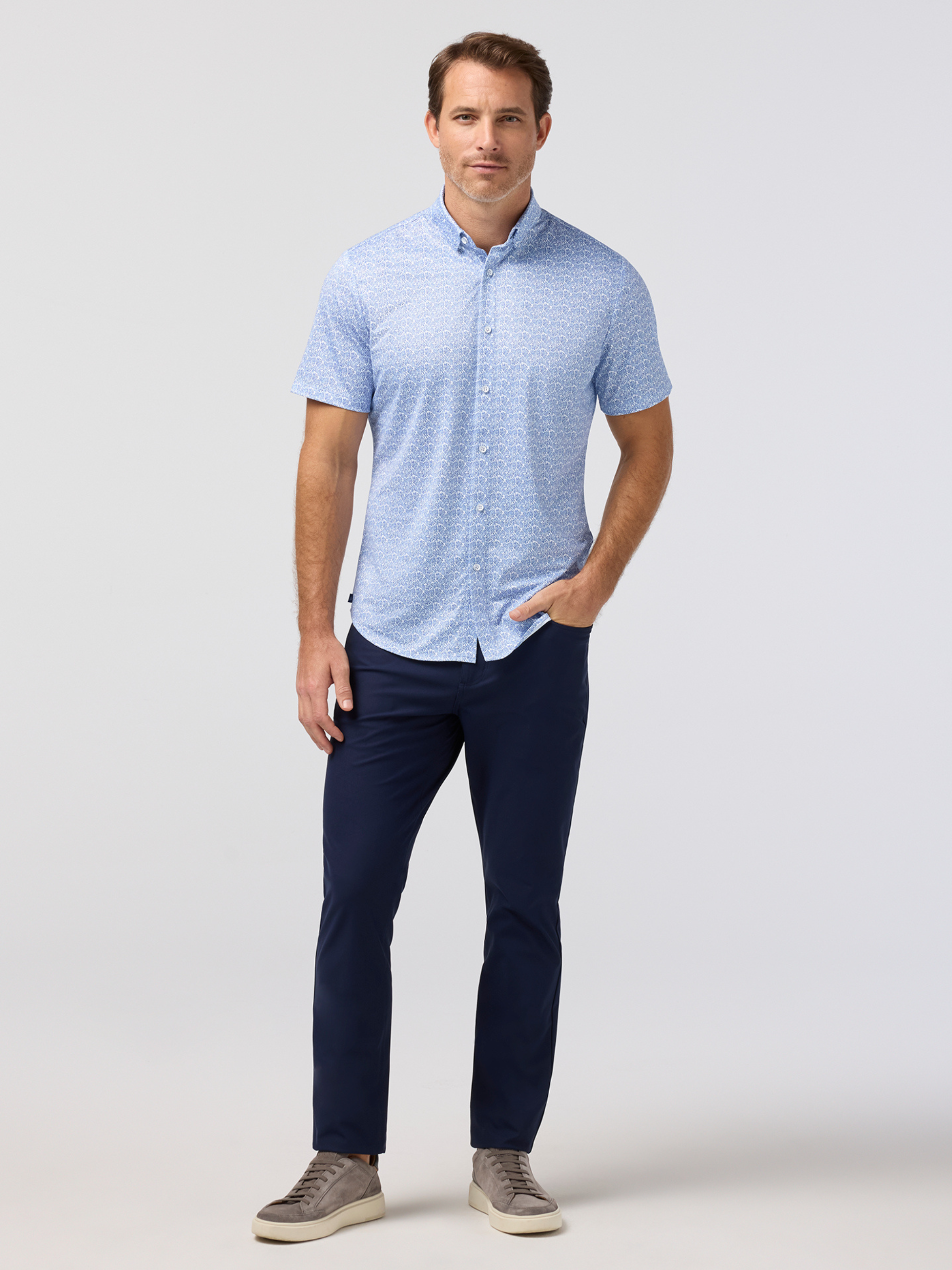 Mizzen and Main Halyard Dress Shirt Formal Short Sleeve Collared Button Down Coastal Fjord Textured Palm Moisture Wicking Wrinkle Resistant Summer Wedding Guest Shirts Athens GA Georgia Kempt Menswear Store Near Me