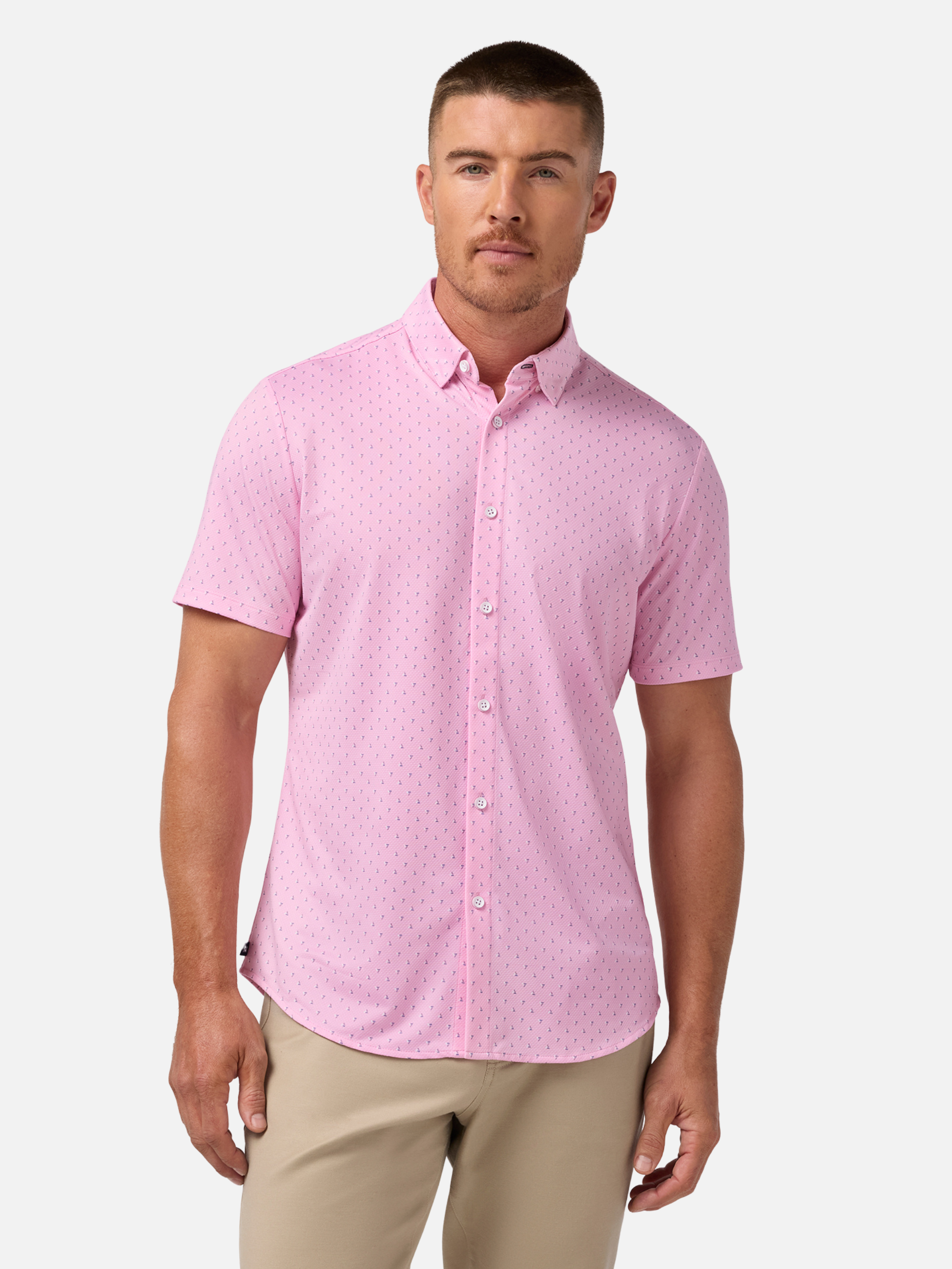 Mizzen and Main Halyard Dress Shirt Formal Short Sleeve Collared Button Down Pink Salt Tossed Triangle Moisture Wicking Wrinkle Resistant Summer Wedding Guest Shirts Athens GA Georgia Kempt Menswear Store Near Me