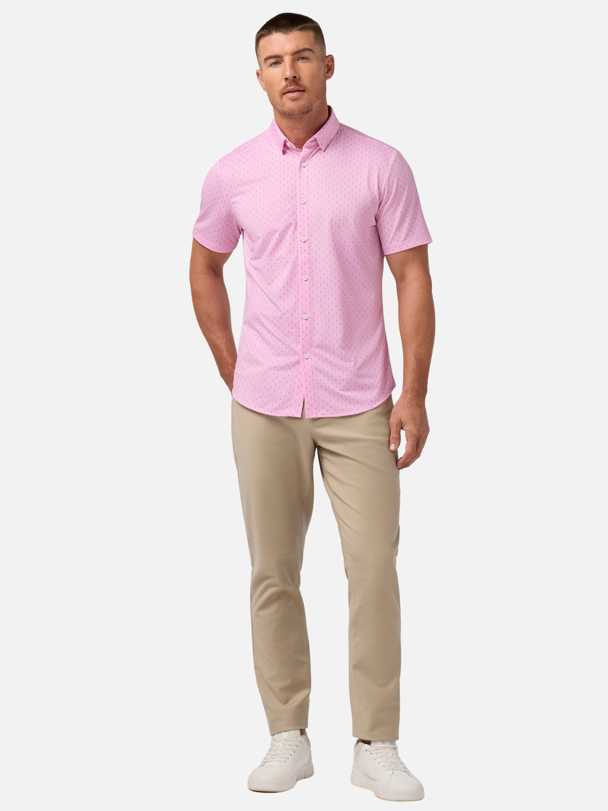 Mizzen and Main Halyard Dress Shirt Formal Short Sleeve Collared Button Down Pink Salt Tossed Triangle Moisture Wicking Wrinkle Resistant Summer Wedding Guest Shirts Athens GA Georgia Kempt Menswear Store Near Me