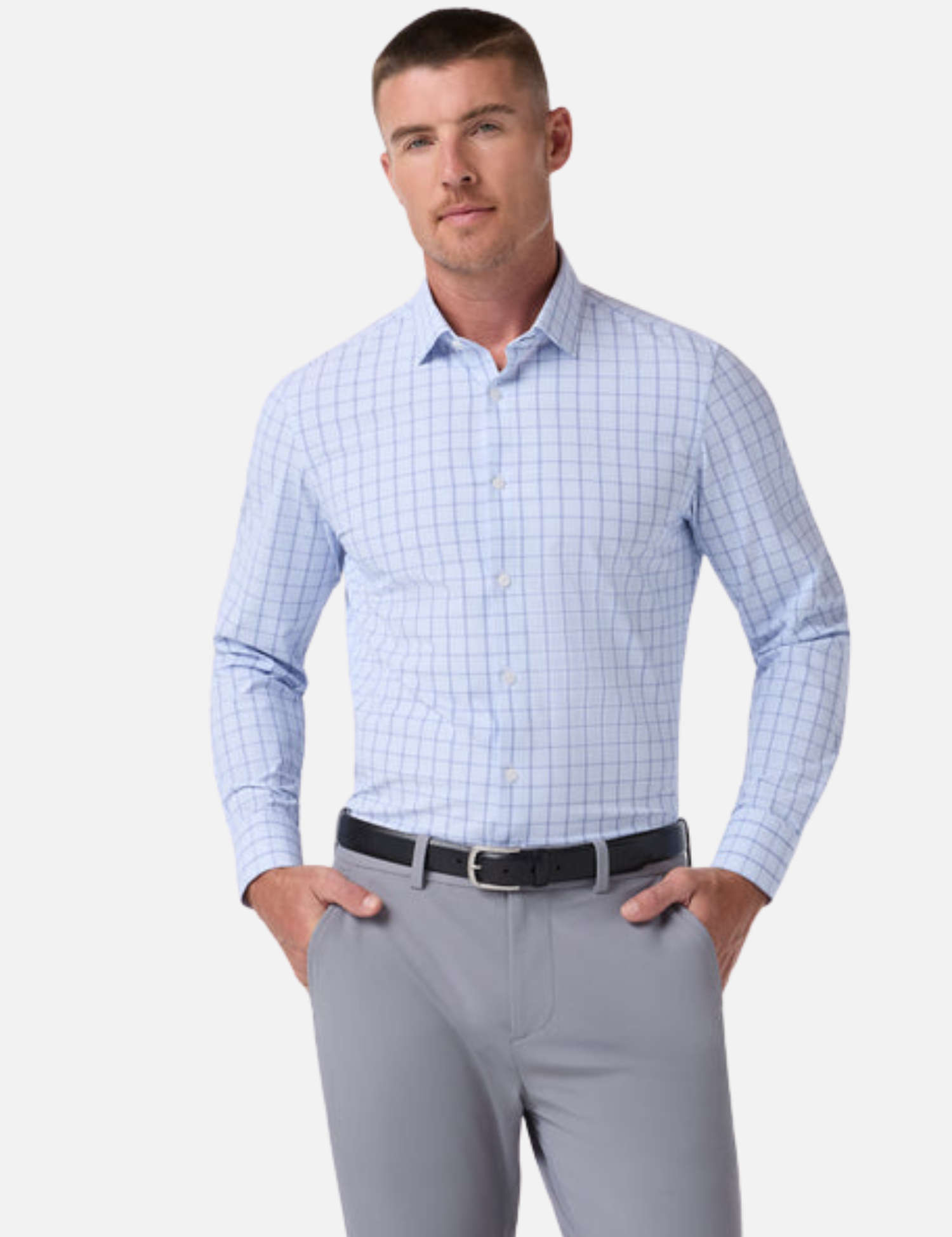 Mizzen and Main Leeward Long Sleeve  Dress Shirt Cloud Blue Hampton Window Pane Print Men’s Collared Button Up Nice Shirts for Guys Men’s Formal Tops Moisture Wicking Wrinkle Resistant Summer Long Sleeves Athens GA Georgia Kempt Menswear Store Near Me