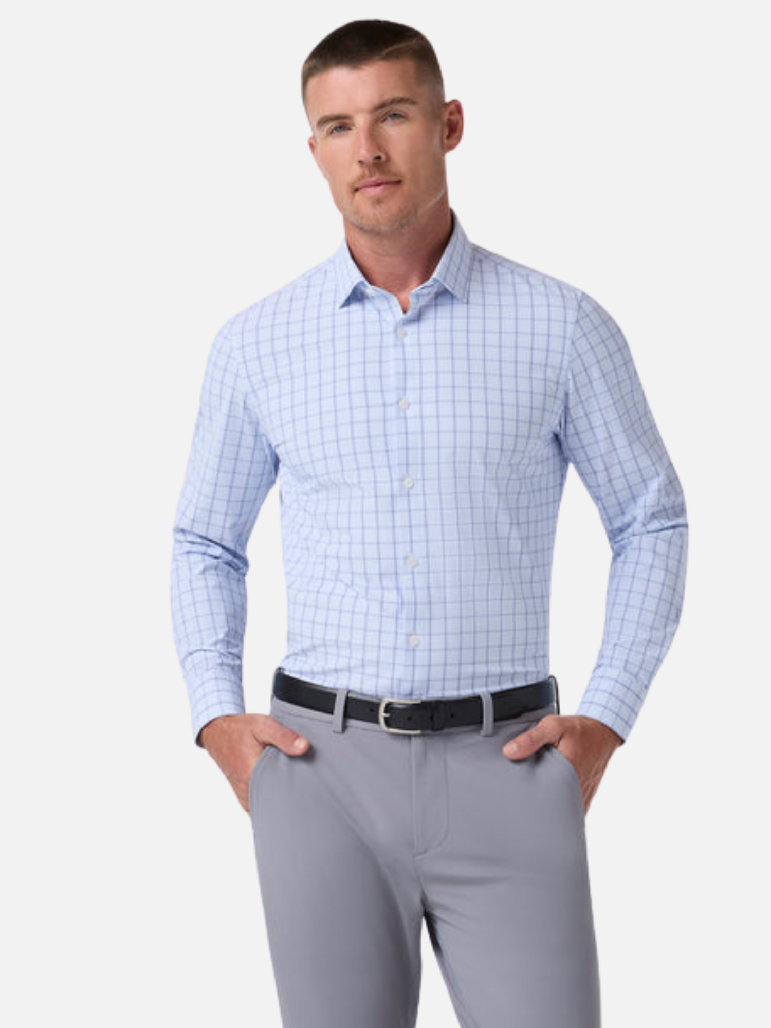 Mizzen and Main Leeward Long Sleeve  Dress Shirt Cloud Blue Hampton Window Pane Print Men’s Collared Button Up Nice Shirts for Guys Men’s Formal Tops Moisture Wicking Wrinkle Resistant Summer Long Sleeves Athens GA Georgia Kempt Menswear Store Near Me