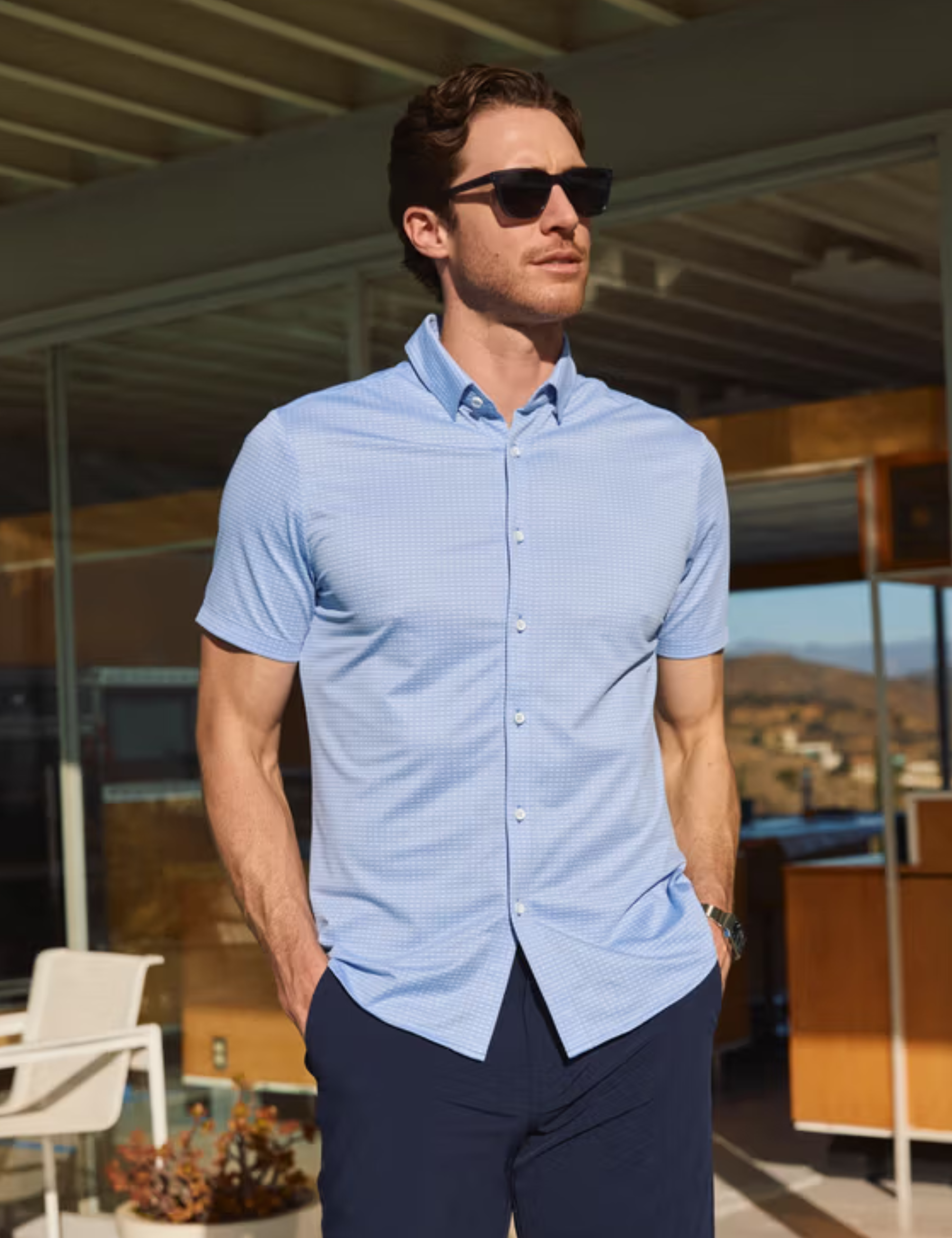 Mizzen + Main Halyard SS Dress Shirt Provence Woven Tile Short Sleeve Button Up Performance Shirt Men's Dress Shirt for Men Athens GA Georgia Kempt Menswear Store Near Me