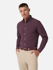 Mizzen + Main Leeward LS Dress Shirt - Merlot Cole Plaid Dry Fit Wrinkle Resistant Button Down Maroon White Mens Shirt on Model