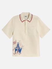 OAS Bronc Girona Shirt Beige Cowboy Graphic Red Stitch Trim Cream Top Polo Men’s Summer Top for Men Athens GA Georgia Kempt Menswear Store Near Me