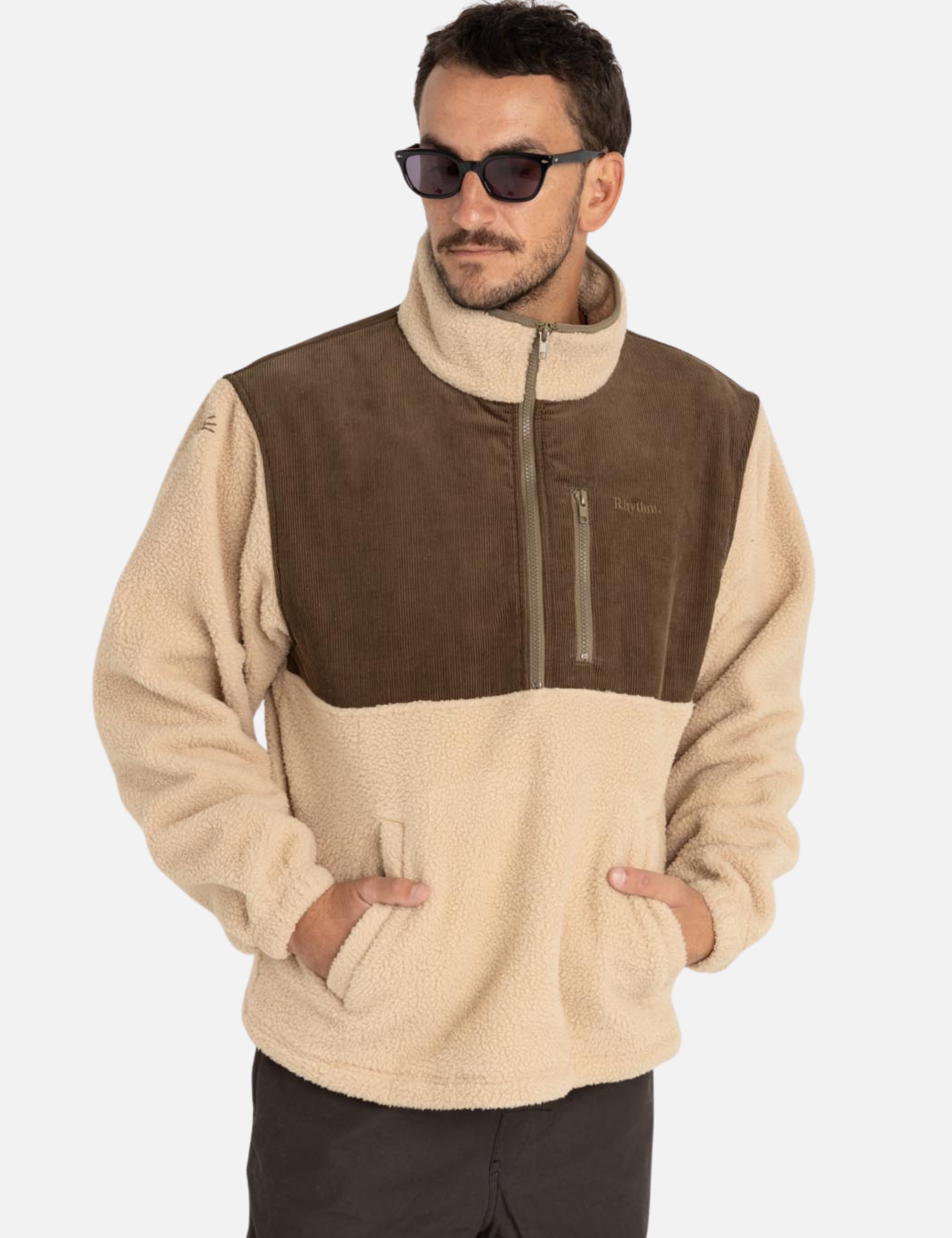 Rhythm Dune Half Zip Pullover Three Front Pockets Sherpa Fleece Texture Textured Tobacco Brown and Cream Taupe Khaki LS Long Sleeve Outerwear for Him Men’s Jackets for Men Athens GA Georgia Kempt Menswear Store Near Me