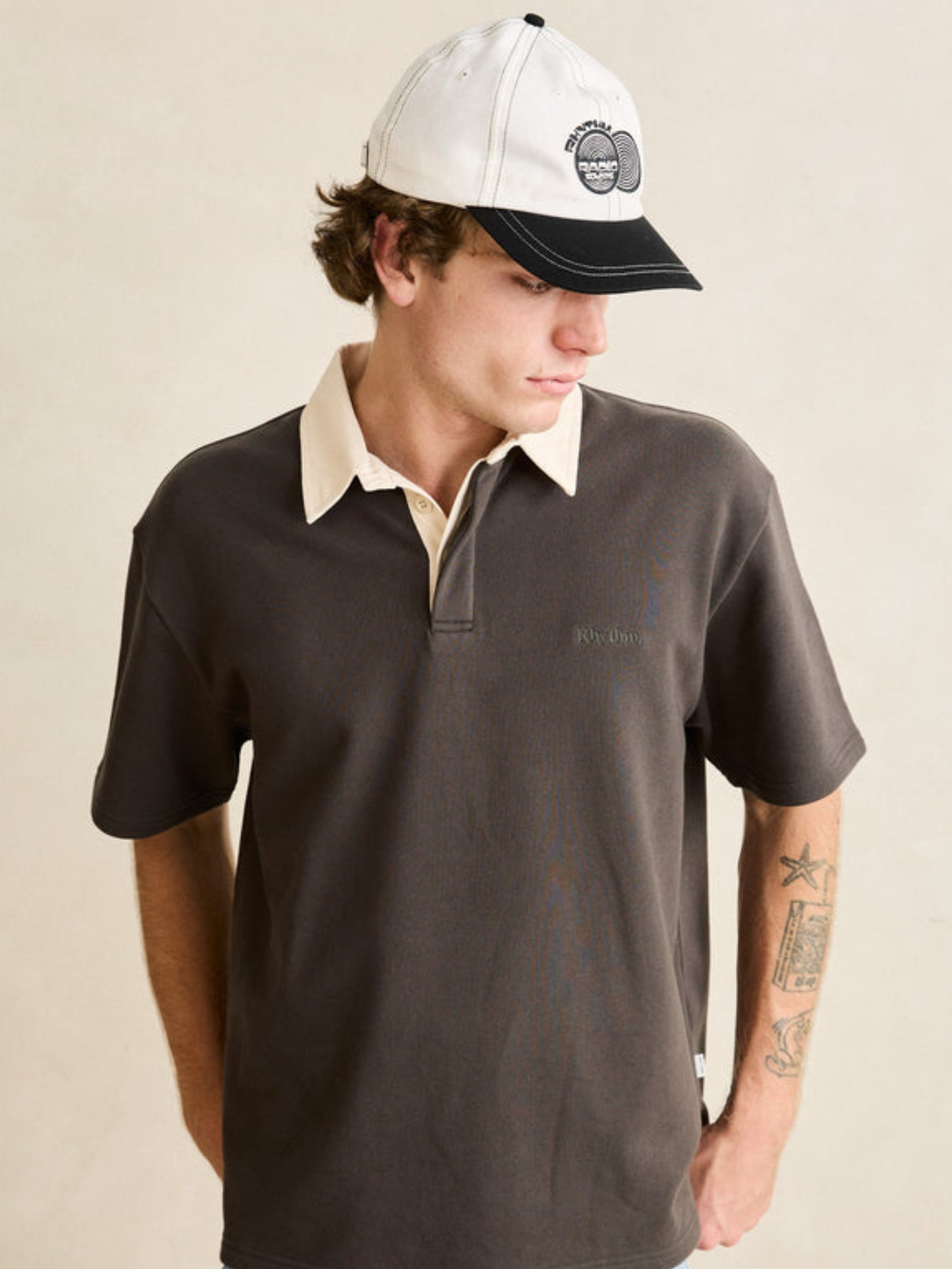 Rhythm KOA SS Rugby Polo Charcoal Grey White Collar Short Sleeve Polo Collared Shirt for Guys Summer Rugby Outfit Athens GA Georgia Kempt menswear Store NEar Me