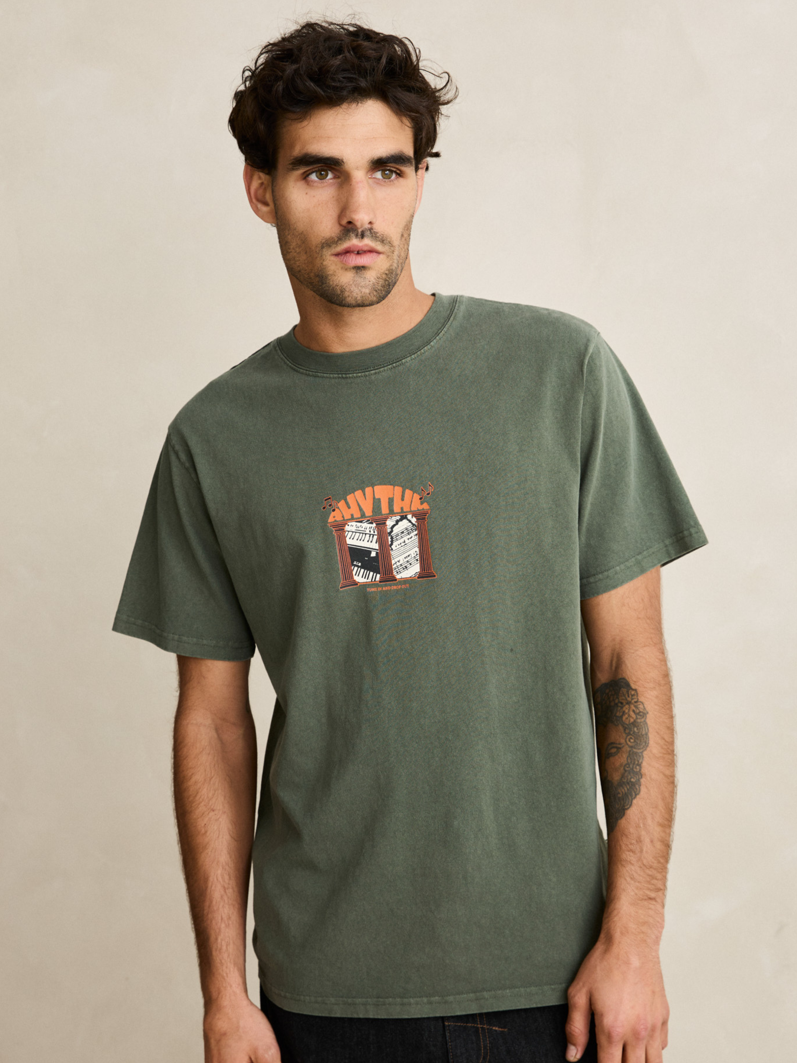 Rhythm Portico Vintage Short Sleeve SS T-Shirt Forest Green Graphic Tee Front and Back Screen Printing Tee Athens GA Georgia Kempt Menswear Store Near Me