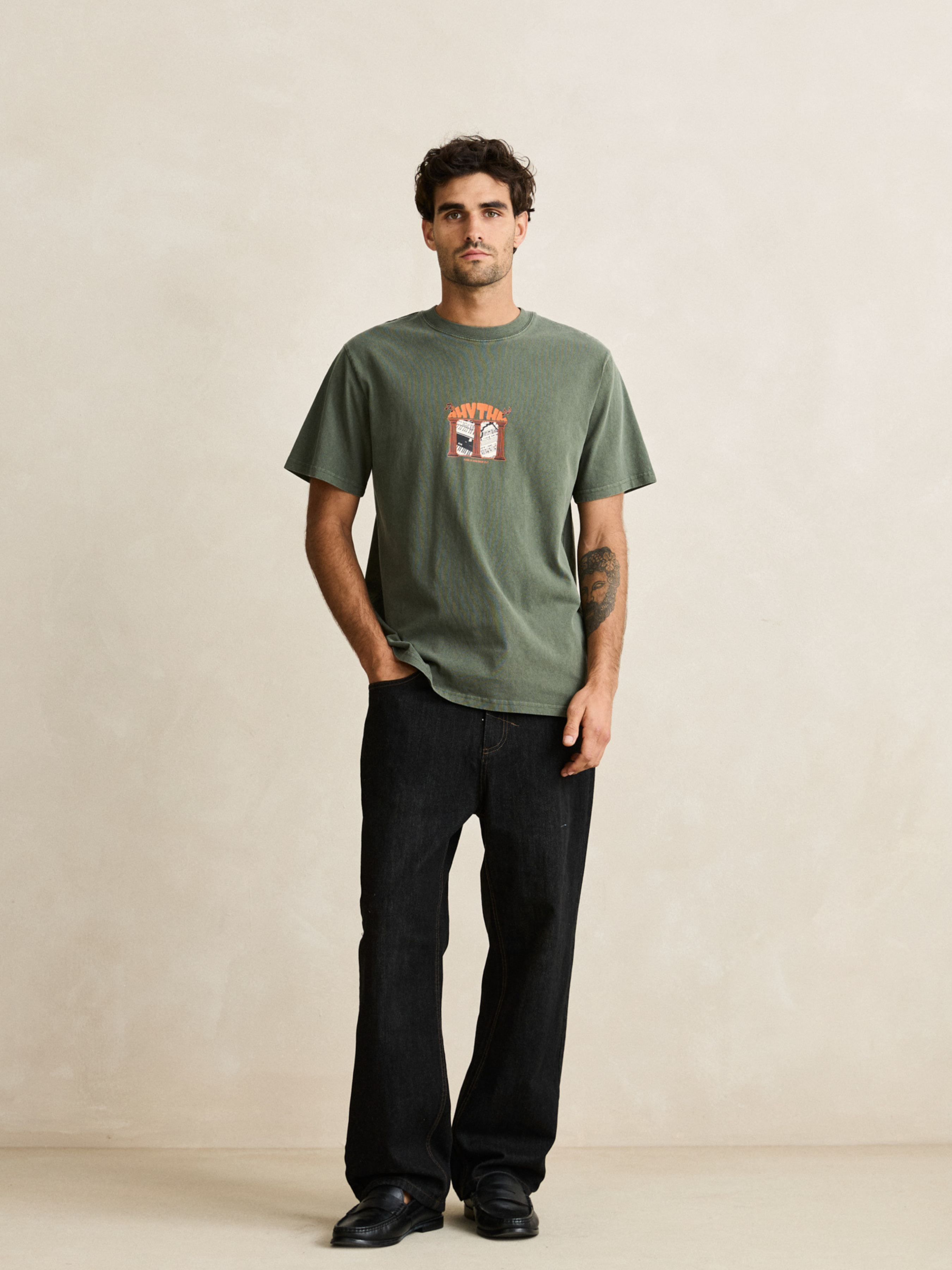 Rhythm Portico Vintage Short Sleeve SS T-Shirt Forest Green Graphic Tee Front and Back Screen Printing Tee Athens GA Georgia Kempt Menswear Store Near Me