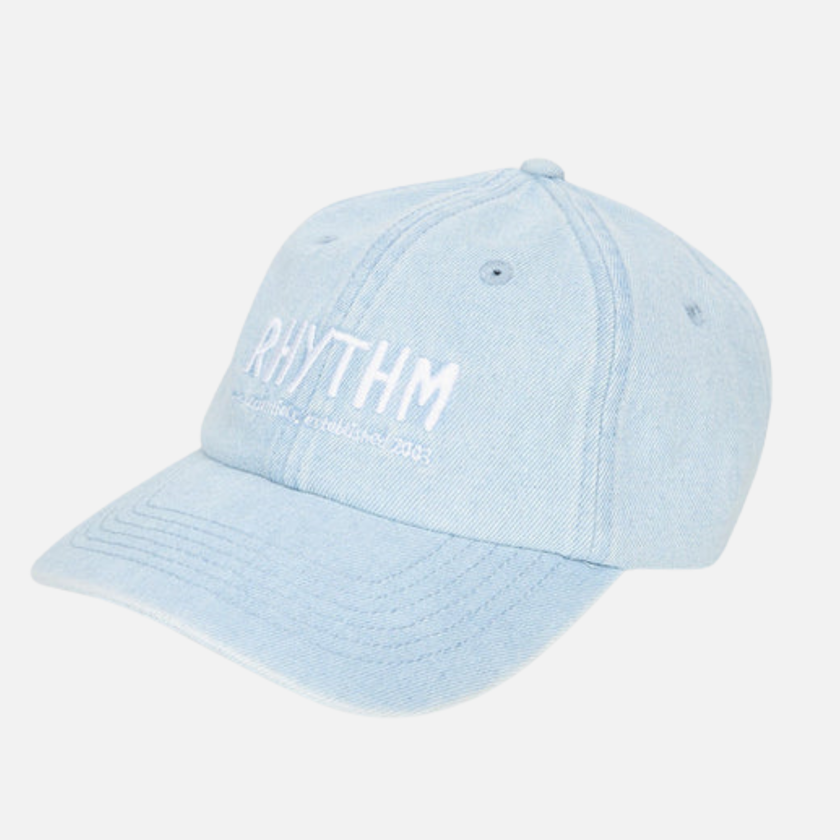 Rhythm Surf Essentials Light Wash Denim Cap Light Blue Embroidered Front 100% Cotton Low Profile Soft Hat Men’s Accessories for Men Guy’s Summer Hats Headwear Athens Kempt Menswear Store Near Me