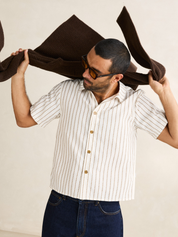 Rhythm Vacation Stripe Crop SS Shirt Multi Cropped Mens Boxy Shirt White Tan Brown Athens GA Kempt Clothing Store Mens
