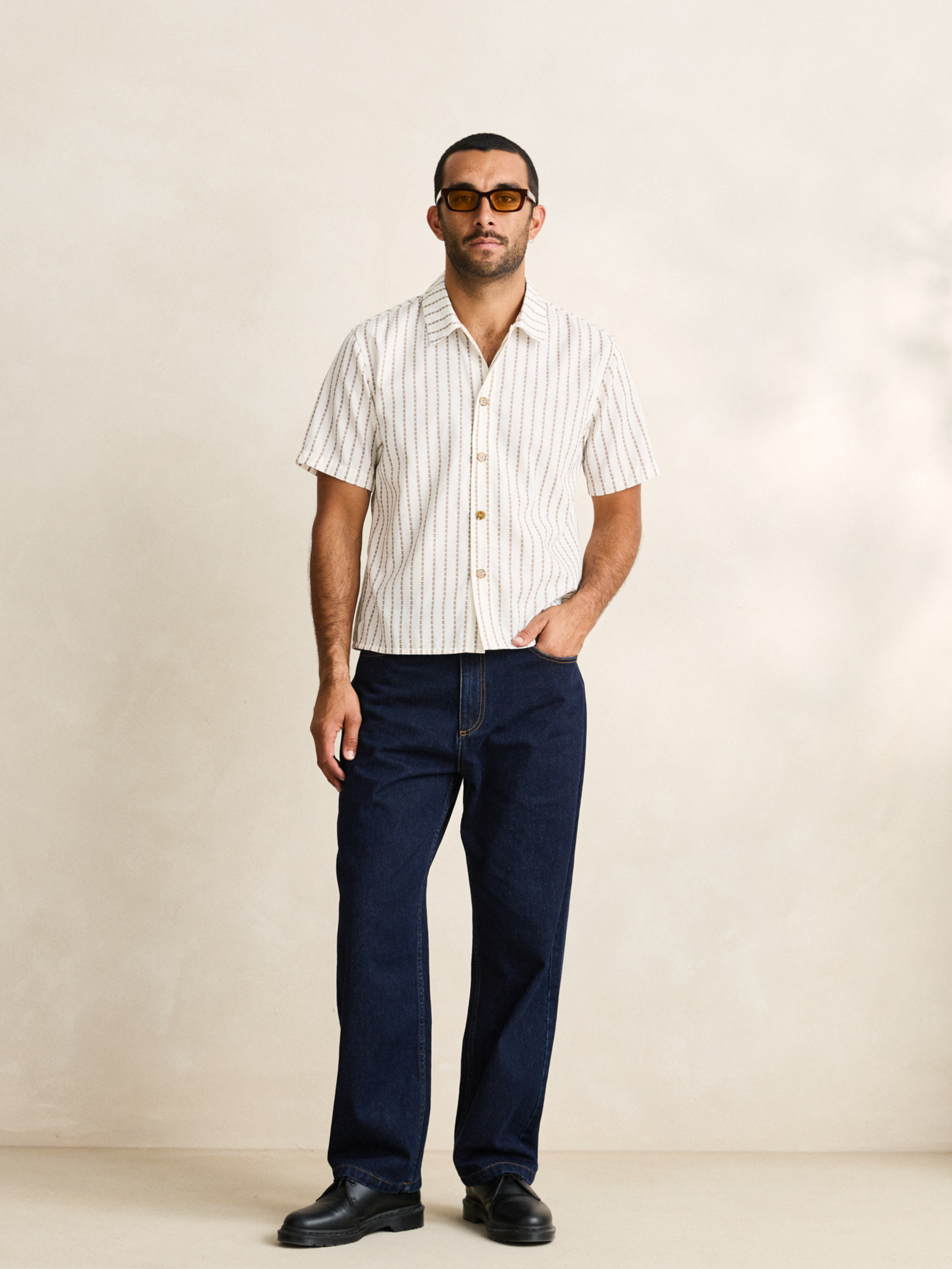 Rhythm Vacation Stripe Crop SS Shirt Multi Cropped Mens Boxy Shirt White Tan Brown Athens GA Kempt Clothing Store Mens